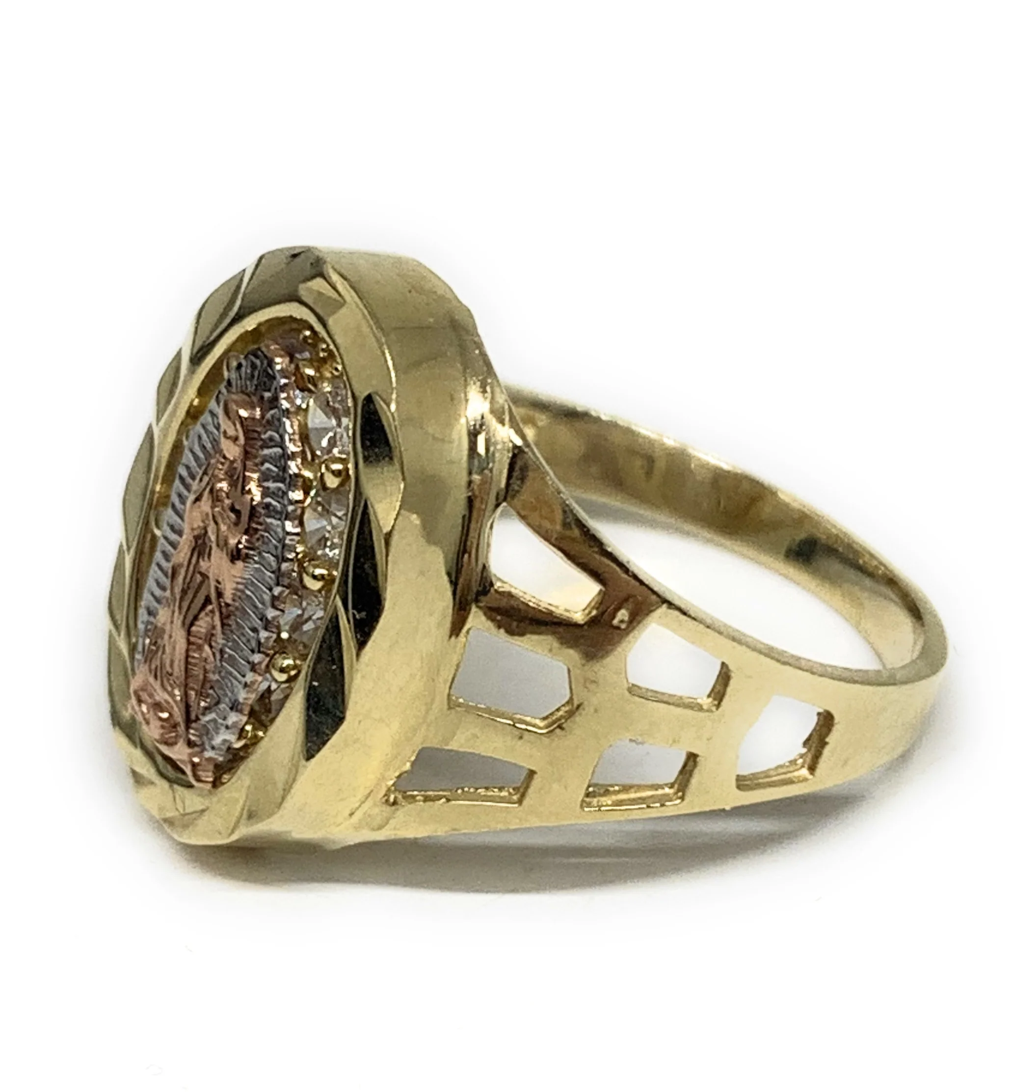 10k Solid Gold Tri-Color Virrgin Mary CZ Ring - Image 3
