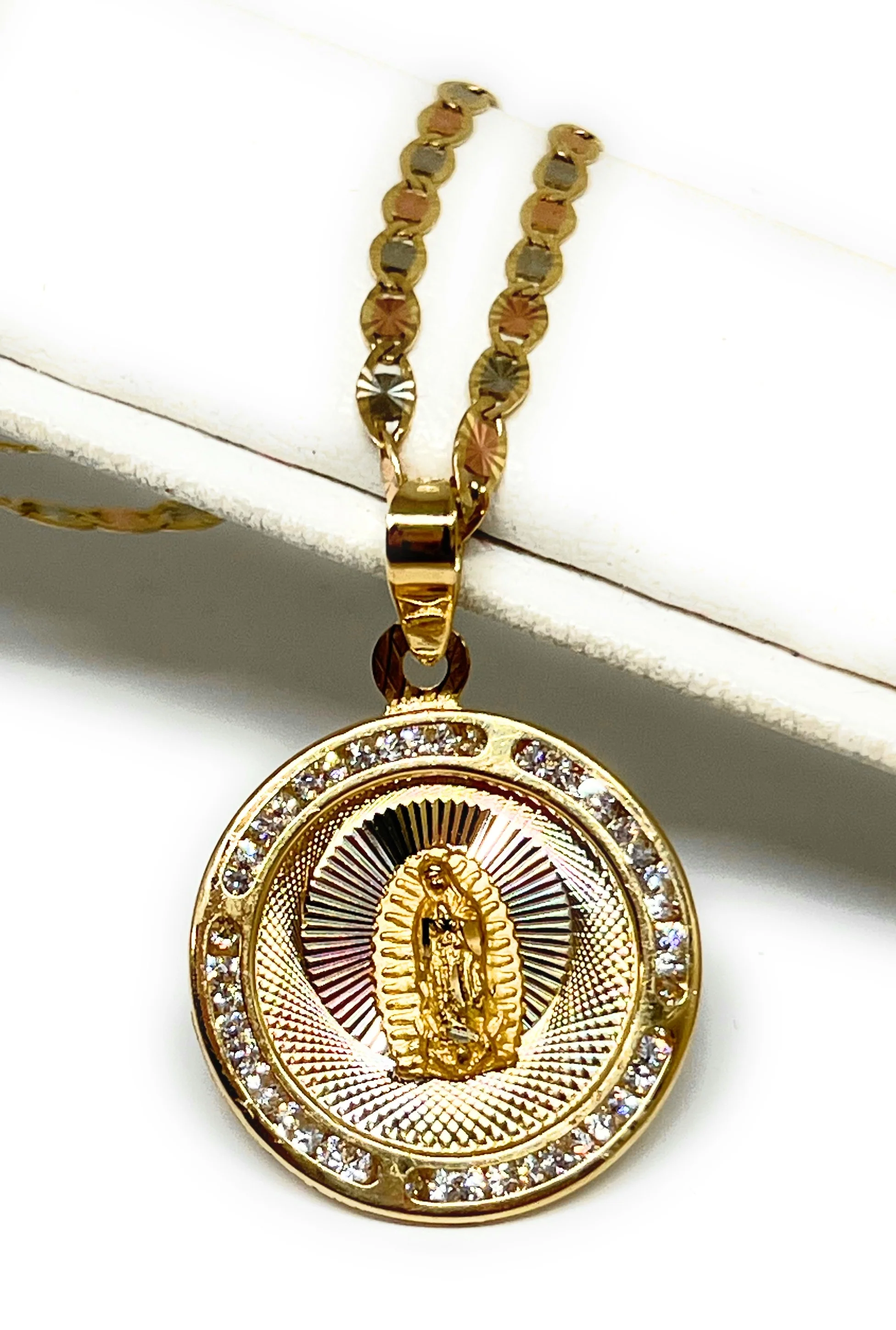 10k Solid Gold Tri-Color Virrgin Mary Round Pendant Necklace W/ CZ Virrgen Gaudalupe  (MADE IN MX)