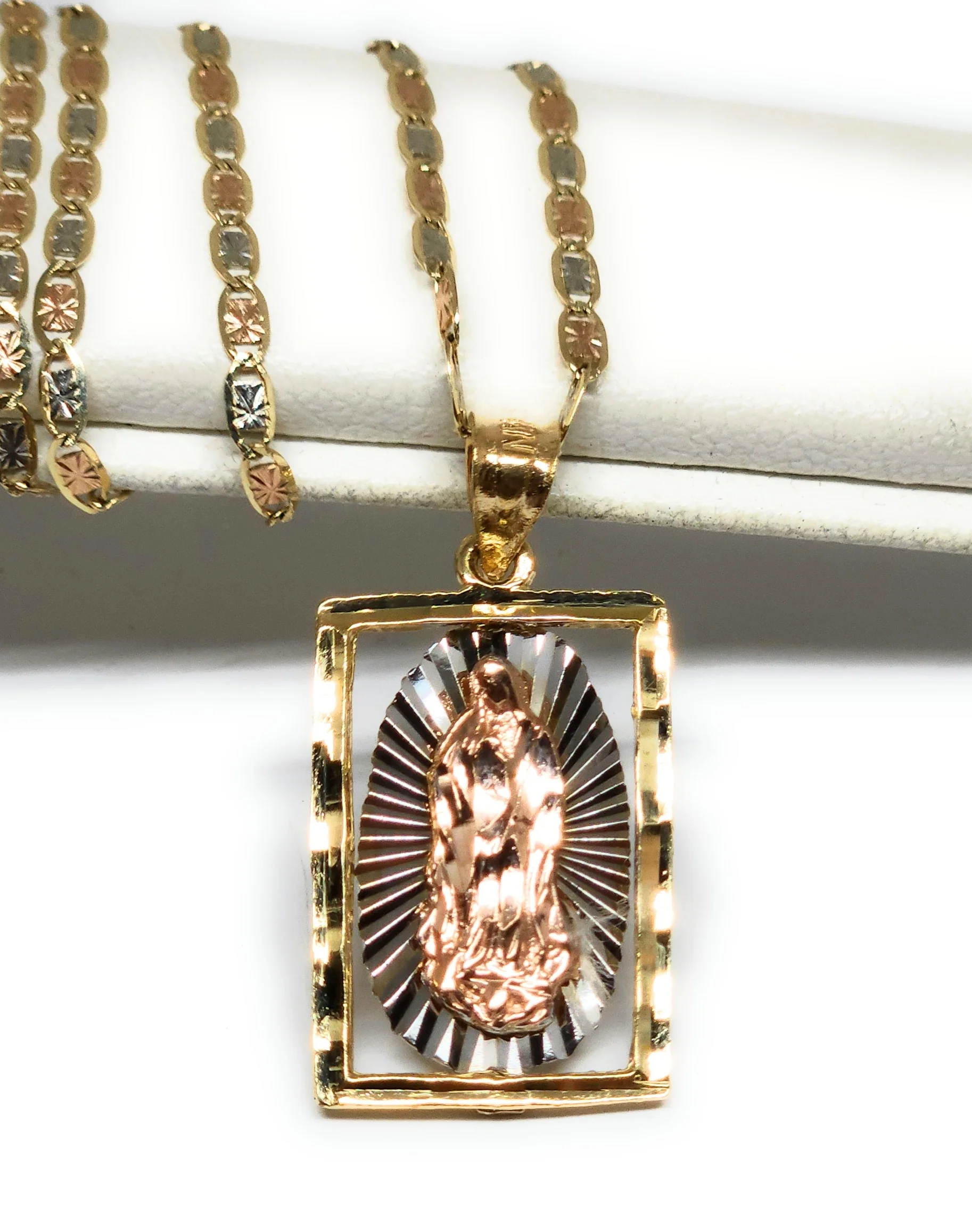 10k Solid Gold Tri-Color Virrgin Mary Square Pendant Virrgen Guadalupe Necklace