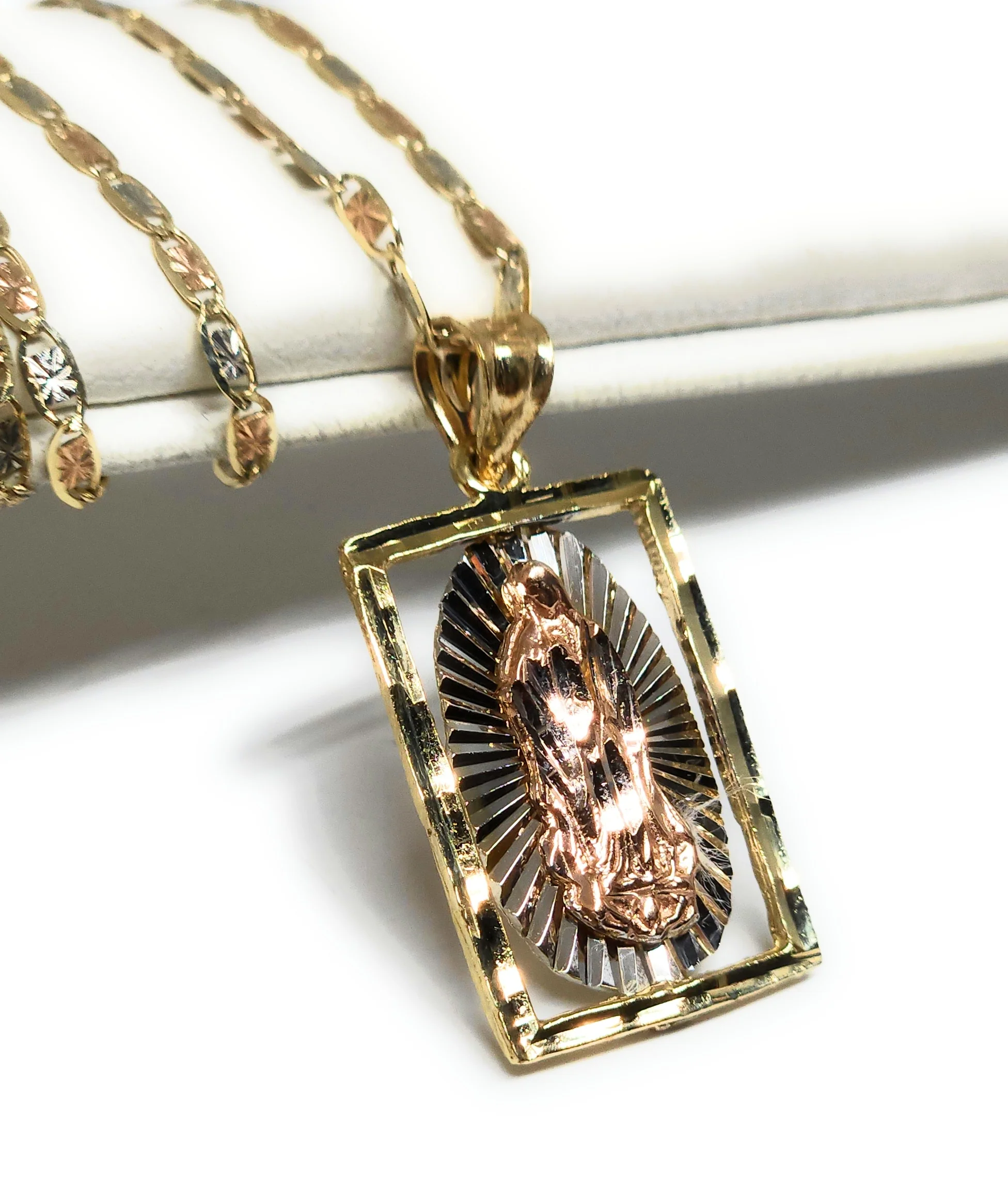 10k Solid Gold Tri-Color Virrgin Mary Square Pendant Virrgen Guadalupe Necklace - Image 3