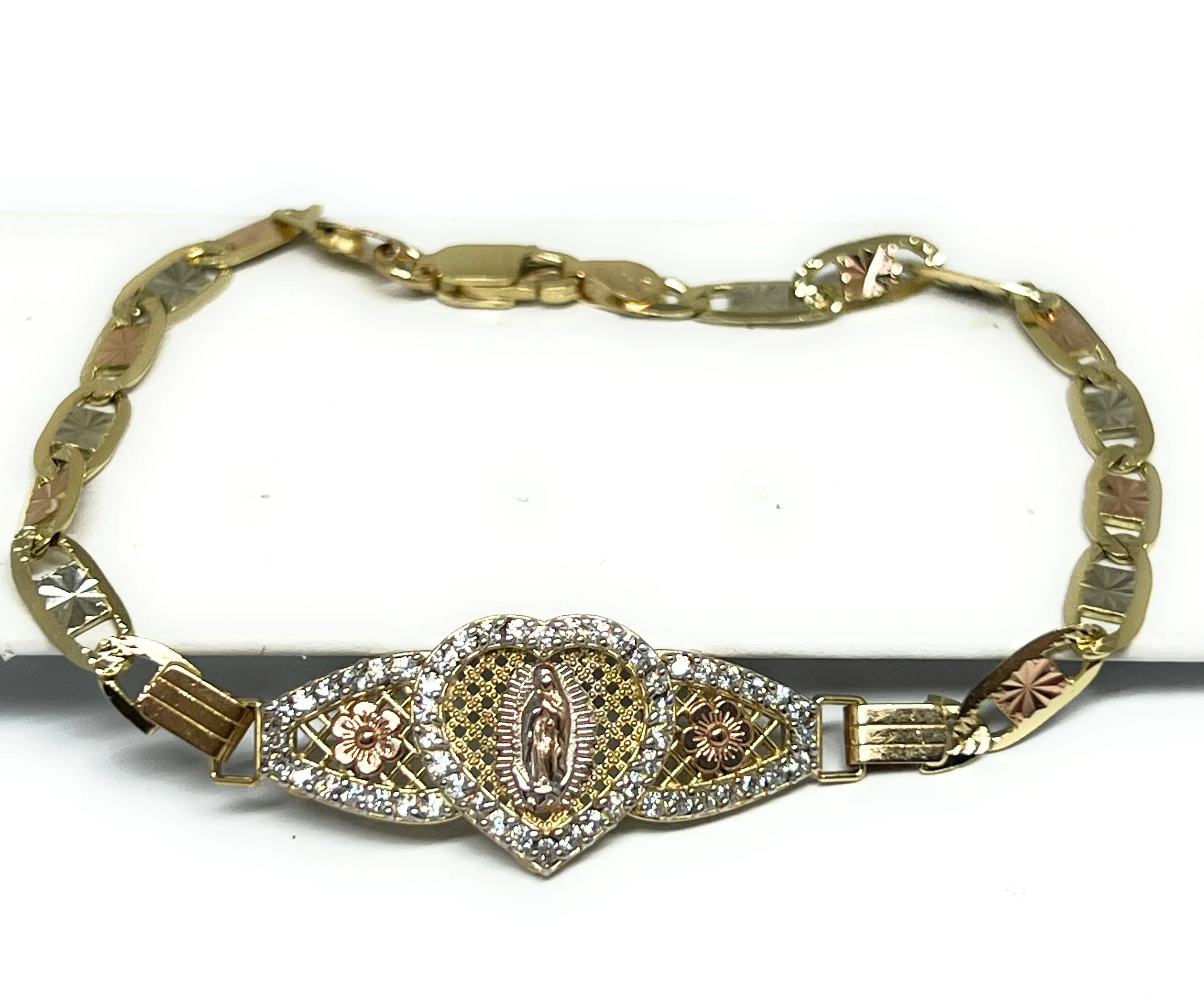 10k Solid Gold Tri-Color Virrgin Mary VALENTINA HEART Brracelet 7 inch Virrgen Guadalupe  (5.2g)