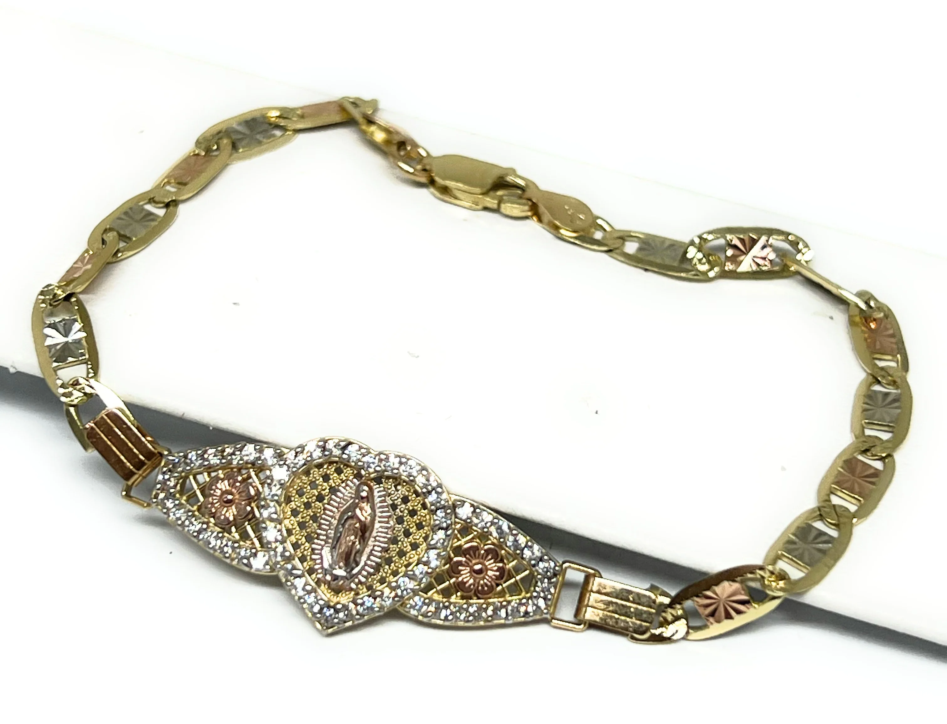 10k Solid Gold Tri-Color Virrgin Mary VALENTINA HEART Brracelet 7 inch Virrgen Guadalupe  (5.2g) - Image 3