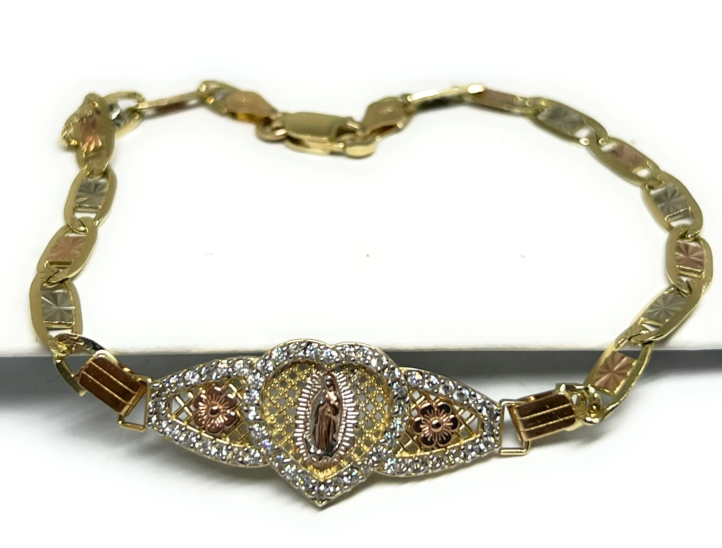 10k Solid Gold Tri-Color Virrgin Mary VALENTINA HEART Brracelet 7 inch Virrgen Guadalupe  (5.2g) - Image 4