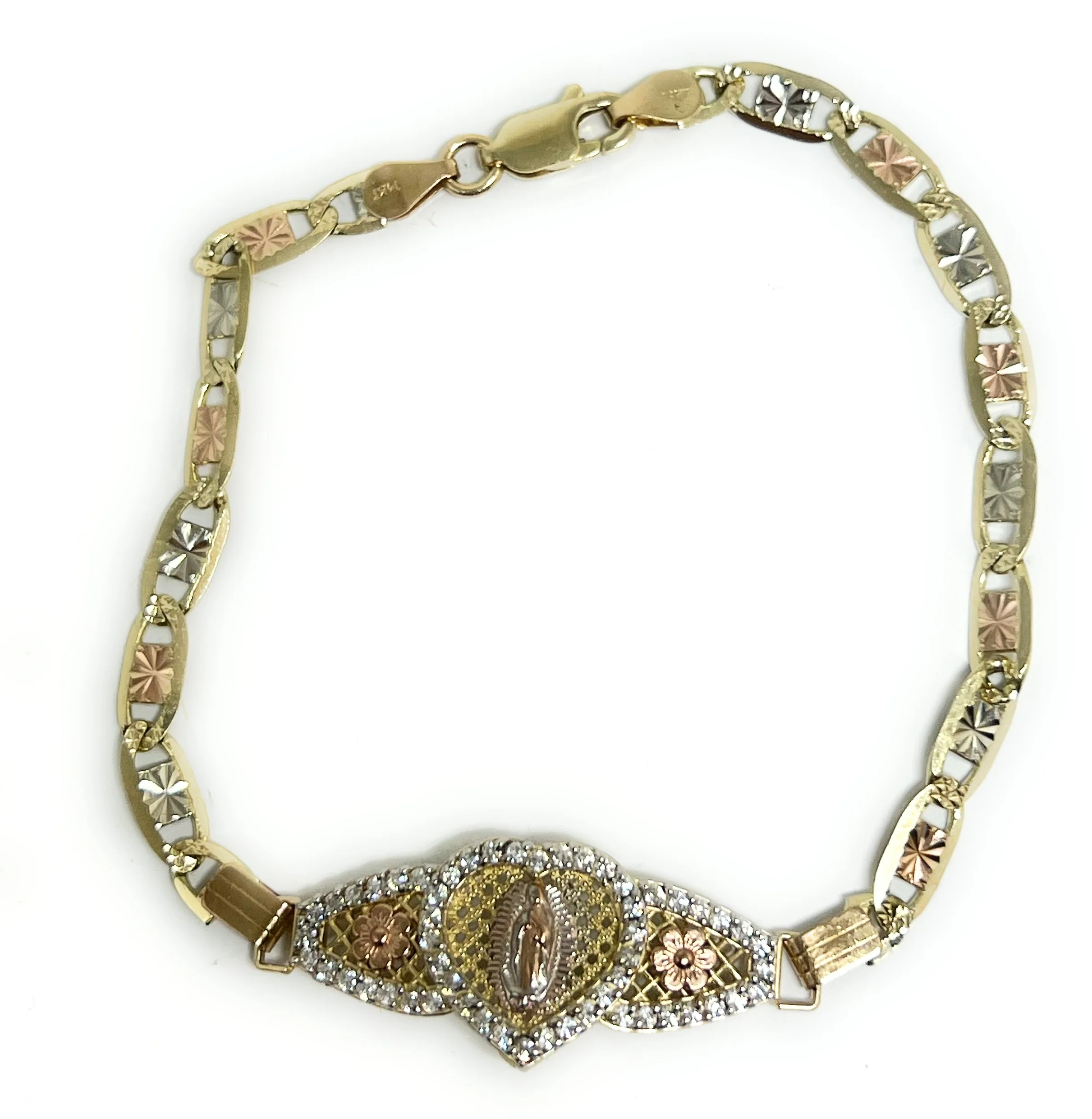 10k Solid Gold Tri-Color Virrgin Mary VALENTINA HEART Brracelet 7 inch Virrgen Guadalupe  (5.2g) - Image 5