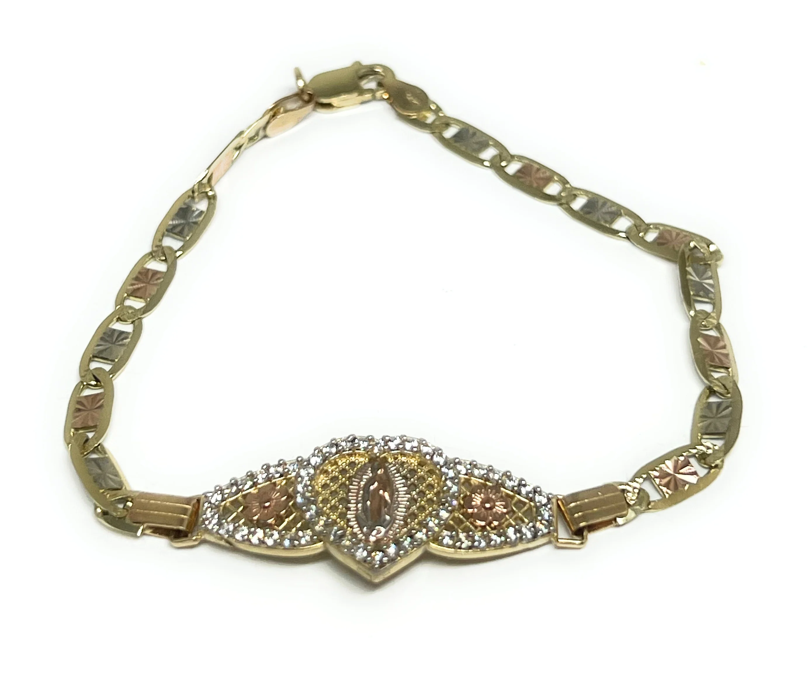 10k Solid Gold Tri-Color Virrgin Mary VALENTINA HEART Brracelet 7 inch Virrgen Guadalupe  (5.2g) - Image 6