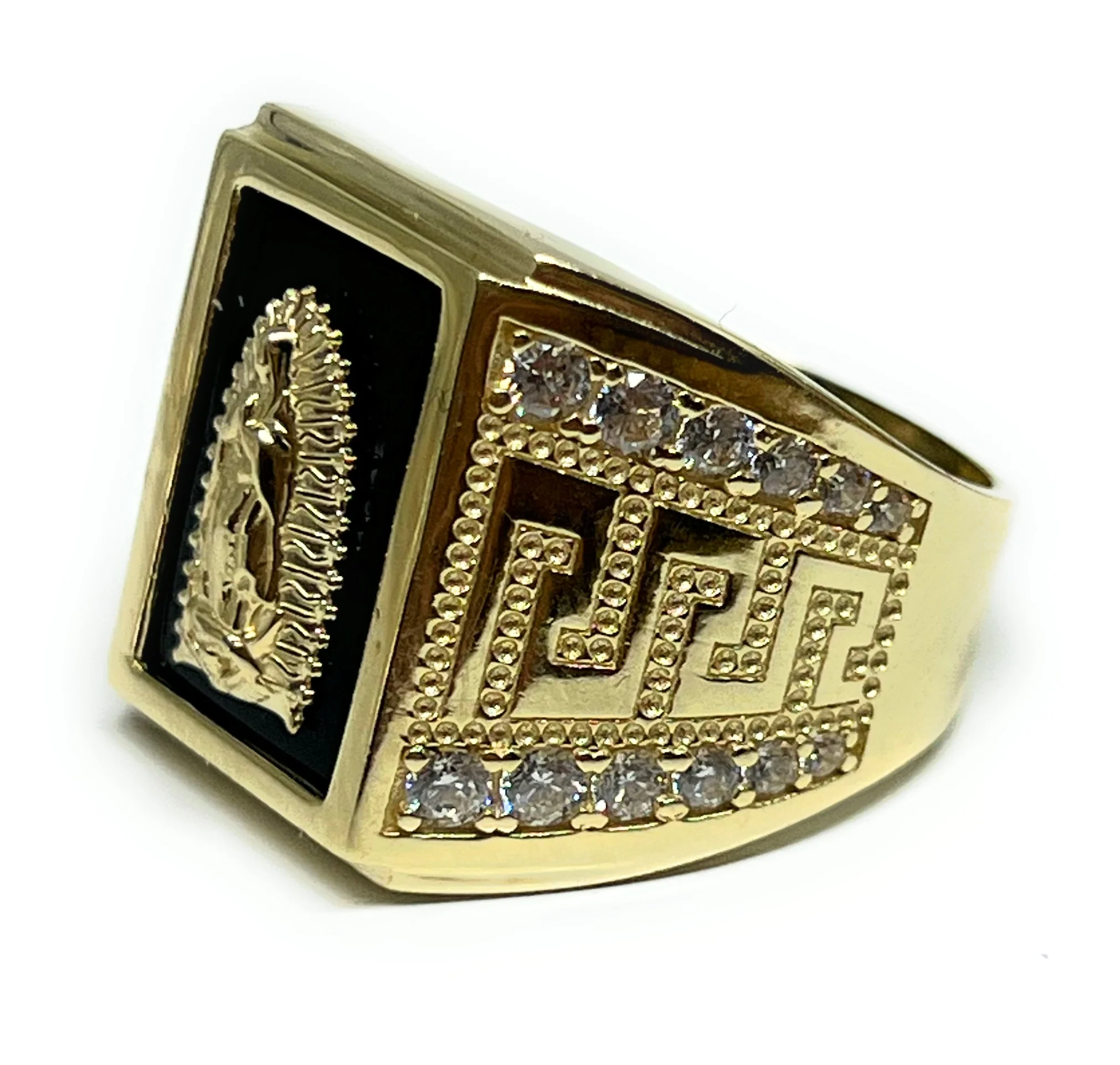 10k Solid Gold Virrgin Mary ONYX CZ GREEK BORDER Ring (9g) - Image 2