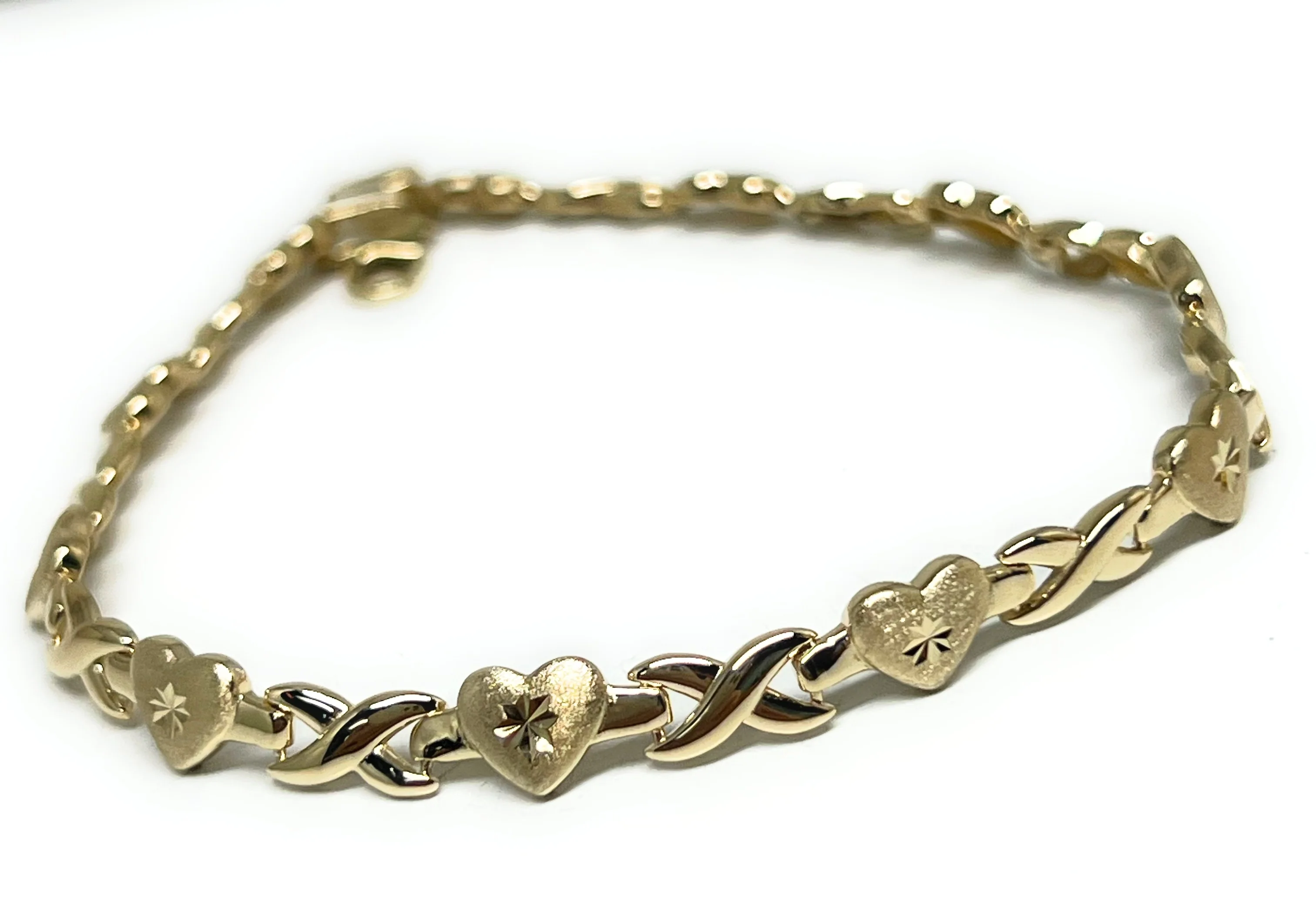 10k Solid Gold XOXO HUGS & KISSES HEARTS Brracelet 7-8 inch (SEMI-HOLLOW STYLE) - Image 5