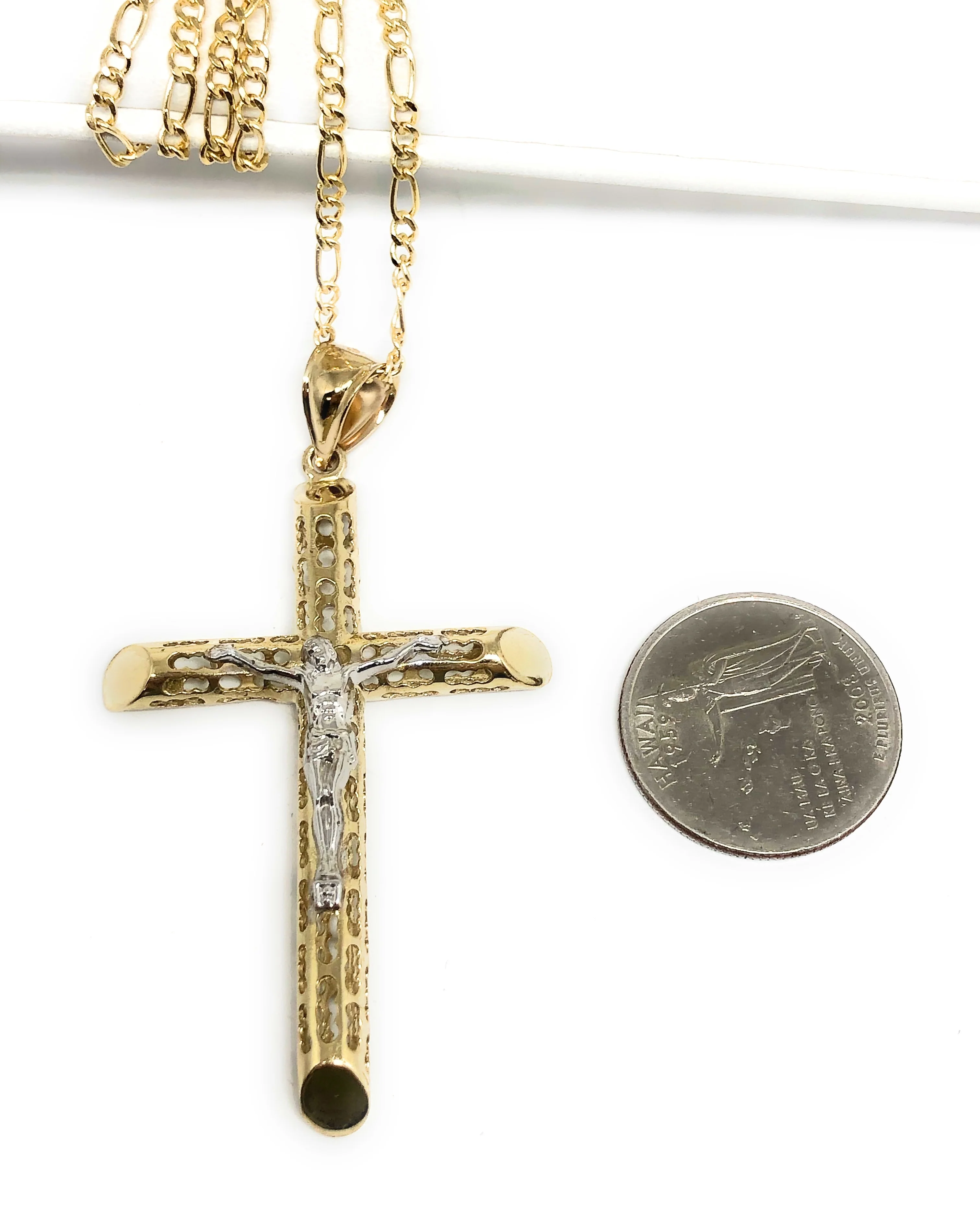 10k Solid Gold Yellow 2-Tone Jesus Cross Crucifix Termite Pendant Necklace (XL) - Image 2