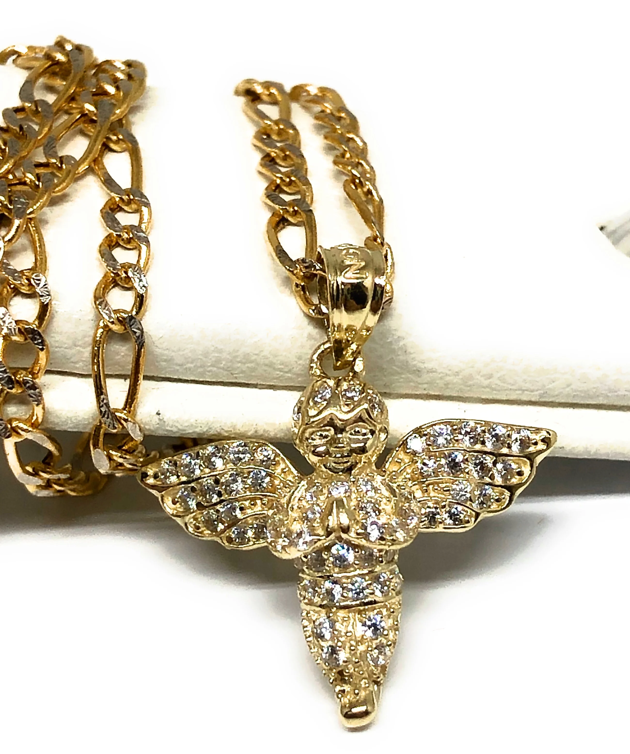 10k Solid Gold Yellow Angel CZ Mini Iced Pendant Necklace