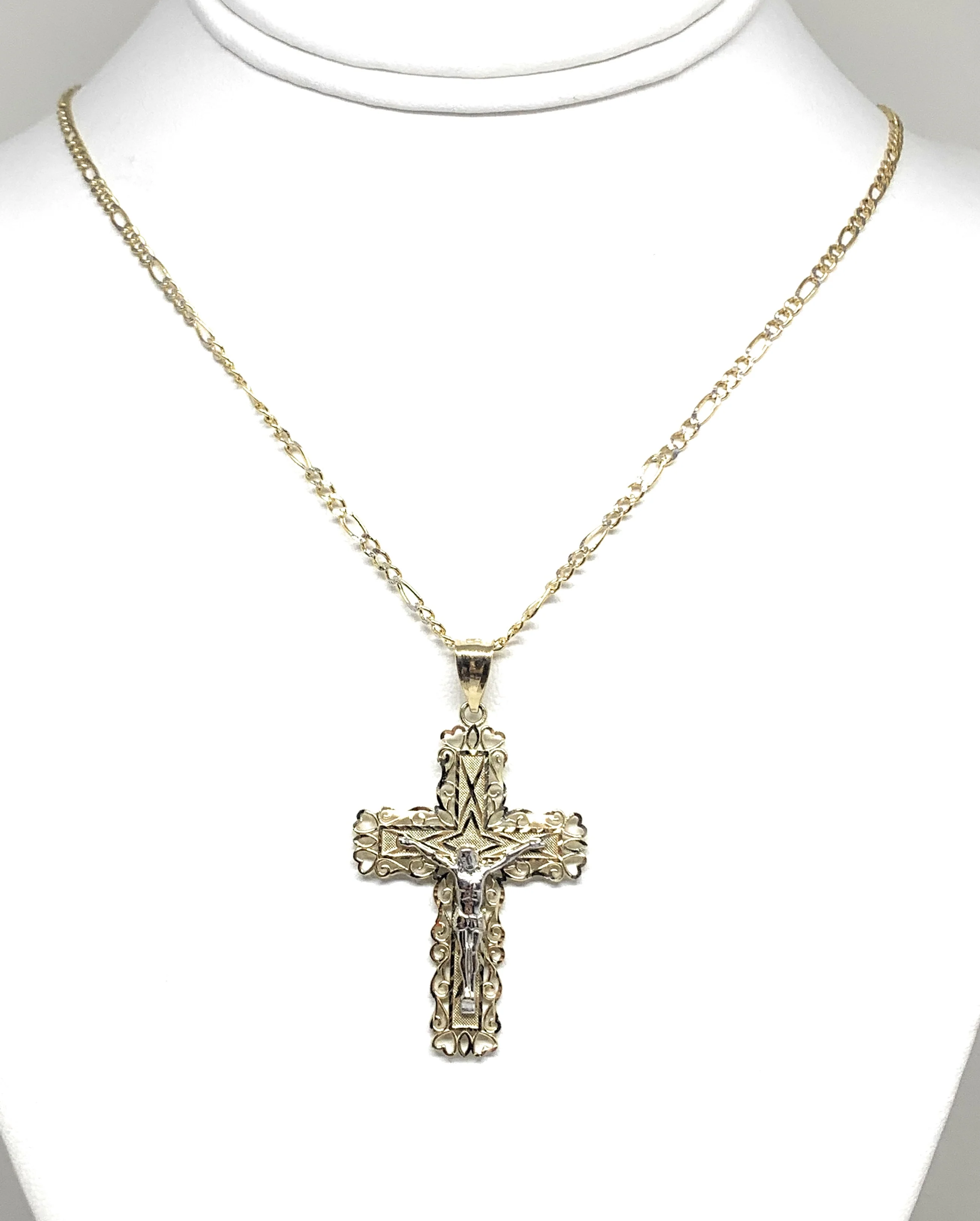 10k Solid Gold Yellow Classic 2-Tone Jesus Cross Filigran Crucifix Pendant Necklace - Image 5