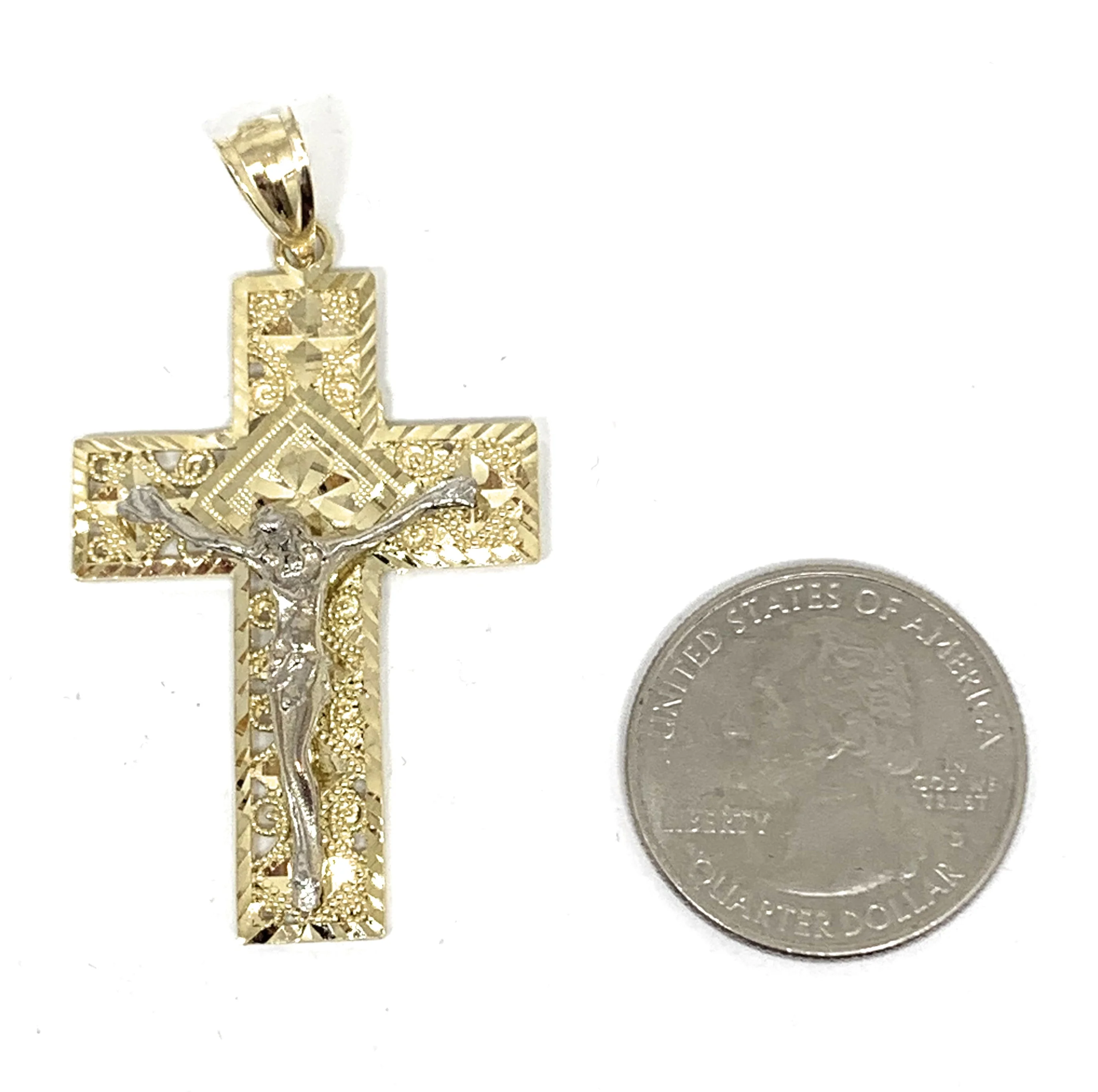 10k Solid Gold Yellow Classic 2-Tone Jesus Cross Filigran Crucifix Pendant Necklace (MED, SM) - Image 2