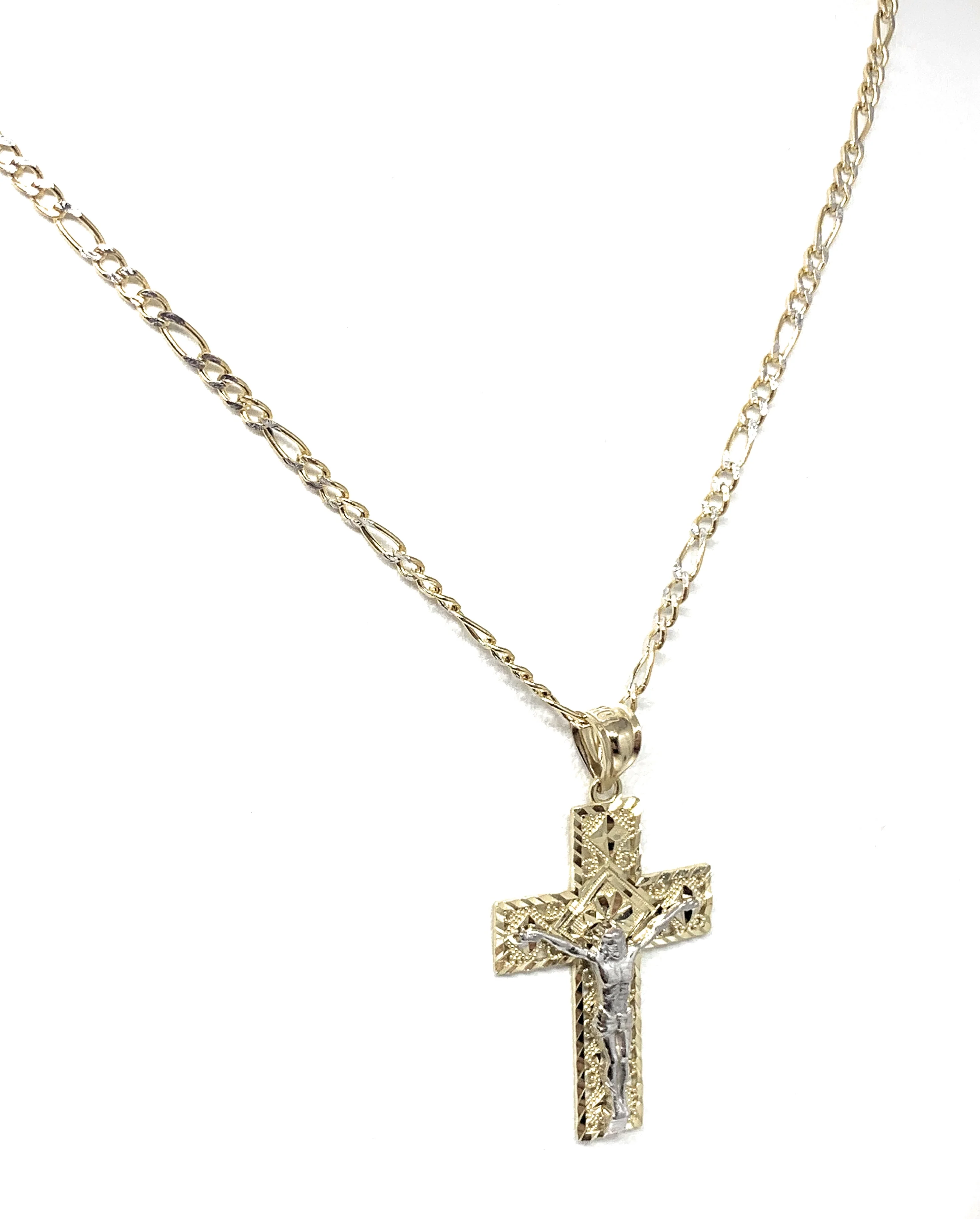 10k Solid Gold Yellow Classic 2-Tone Jesus Cross Filigran Crucifix Pendant Necklace (MED, SM) - Image 4