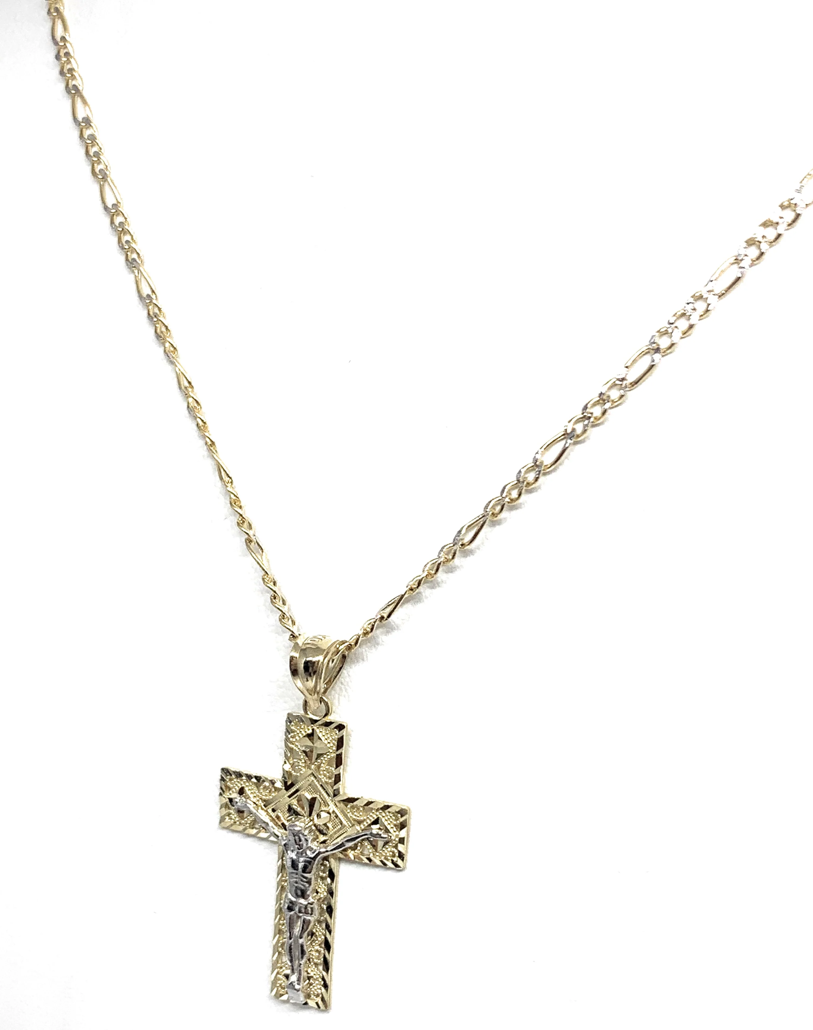 10k Solid Gold Yellow Classic 2-Tone Jesus Cross Filigran Crucifix Pendant Necklace (MED, SM) - Image 5