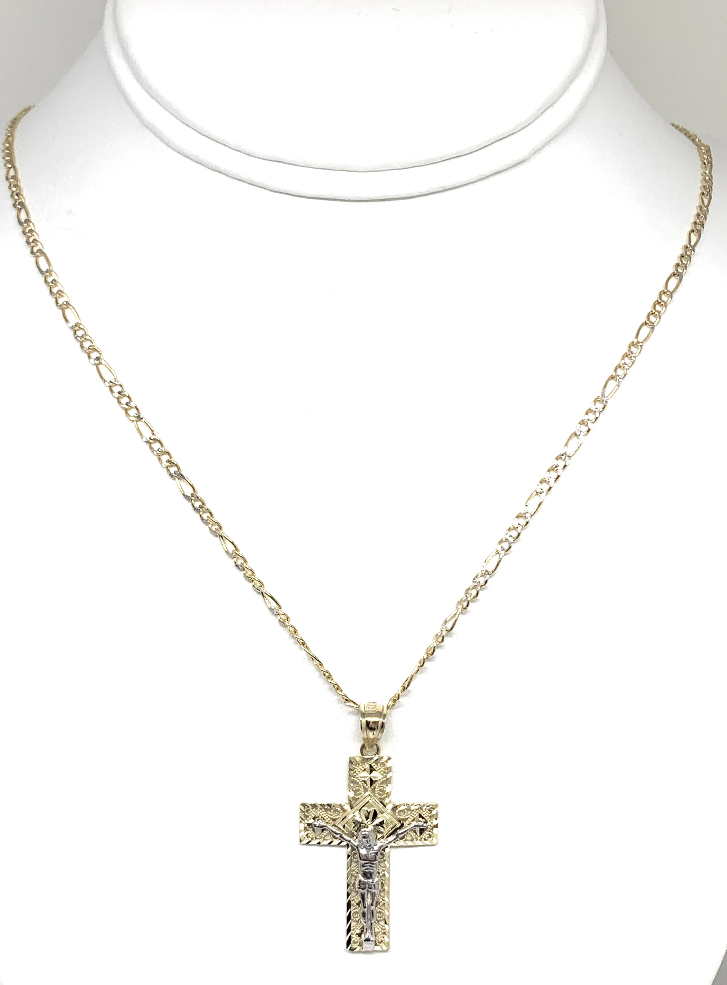 10k Solid Gold Yellow Classic 2-Tone Jesus Cross Filigran Crucifix Pendant Necklace (MED, SM) - Image 6