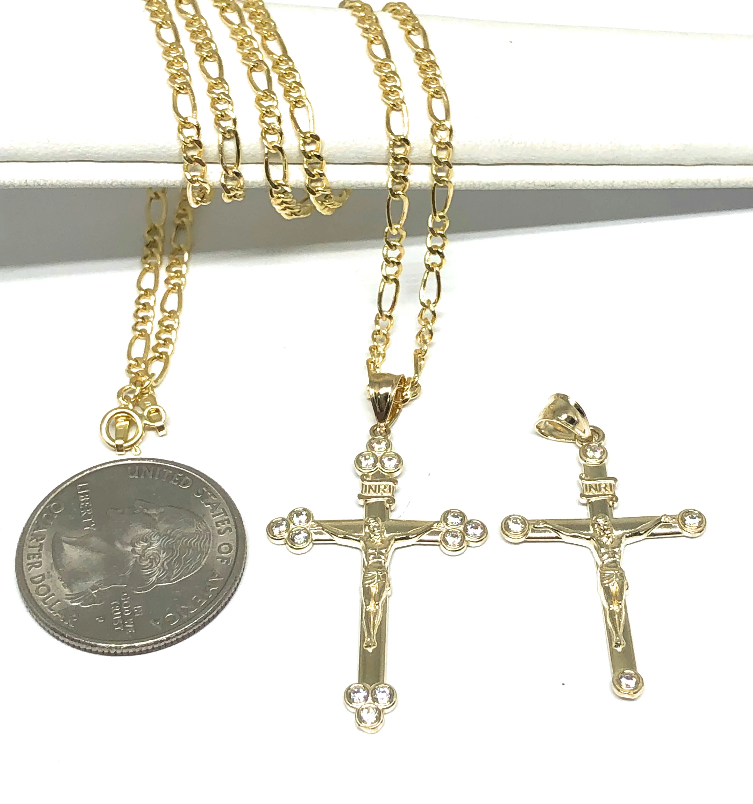 10k Solid Gold Yellow Classic INRI Jesus Cross Crucifix Pendant Necklace (SM,MED) - Image 2