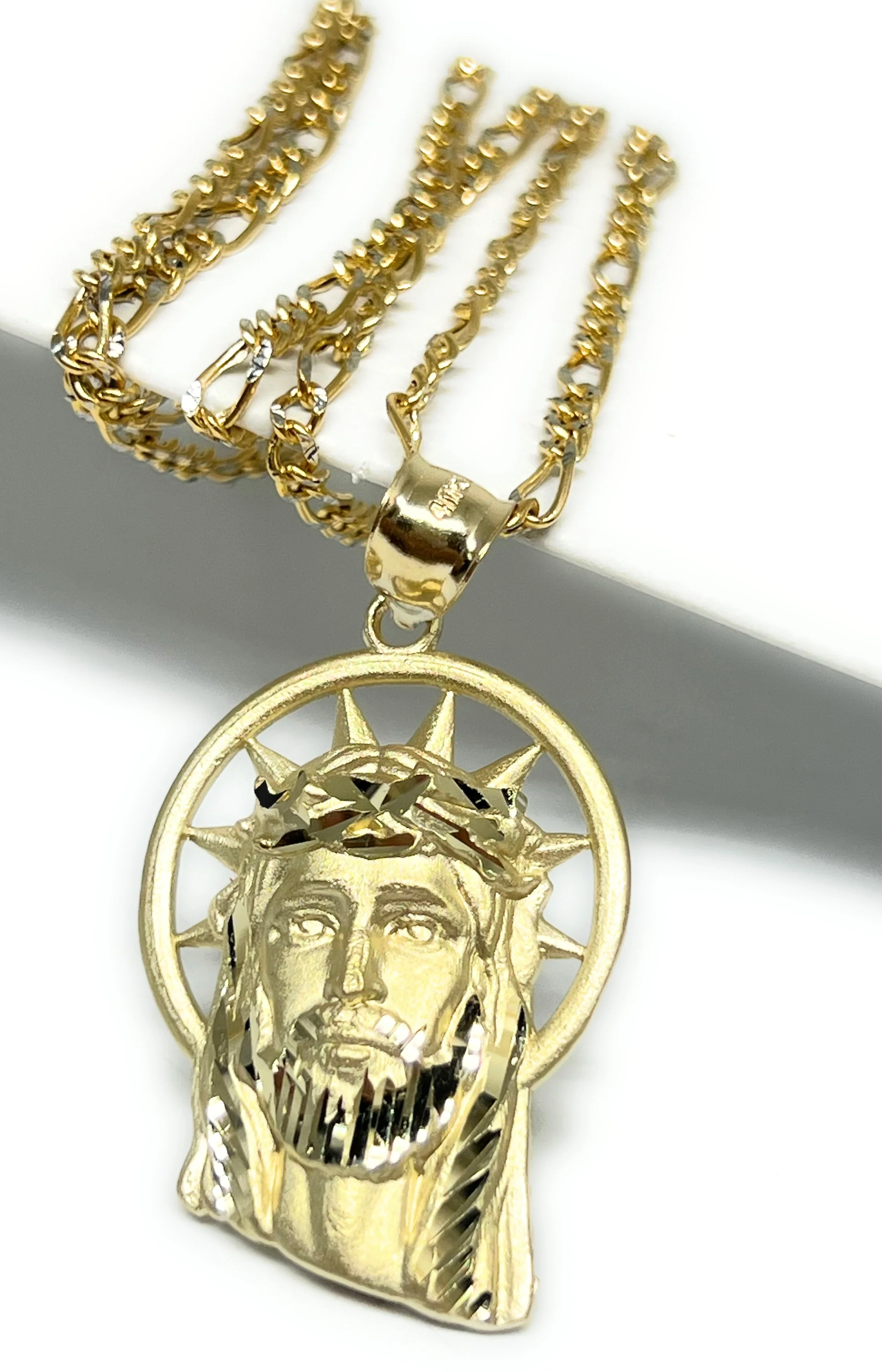 10k Solid Gold Yellow Classic Jesus Face WITH CROWN  MATTE Pendant Necklace - Image 3