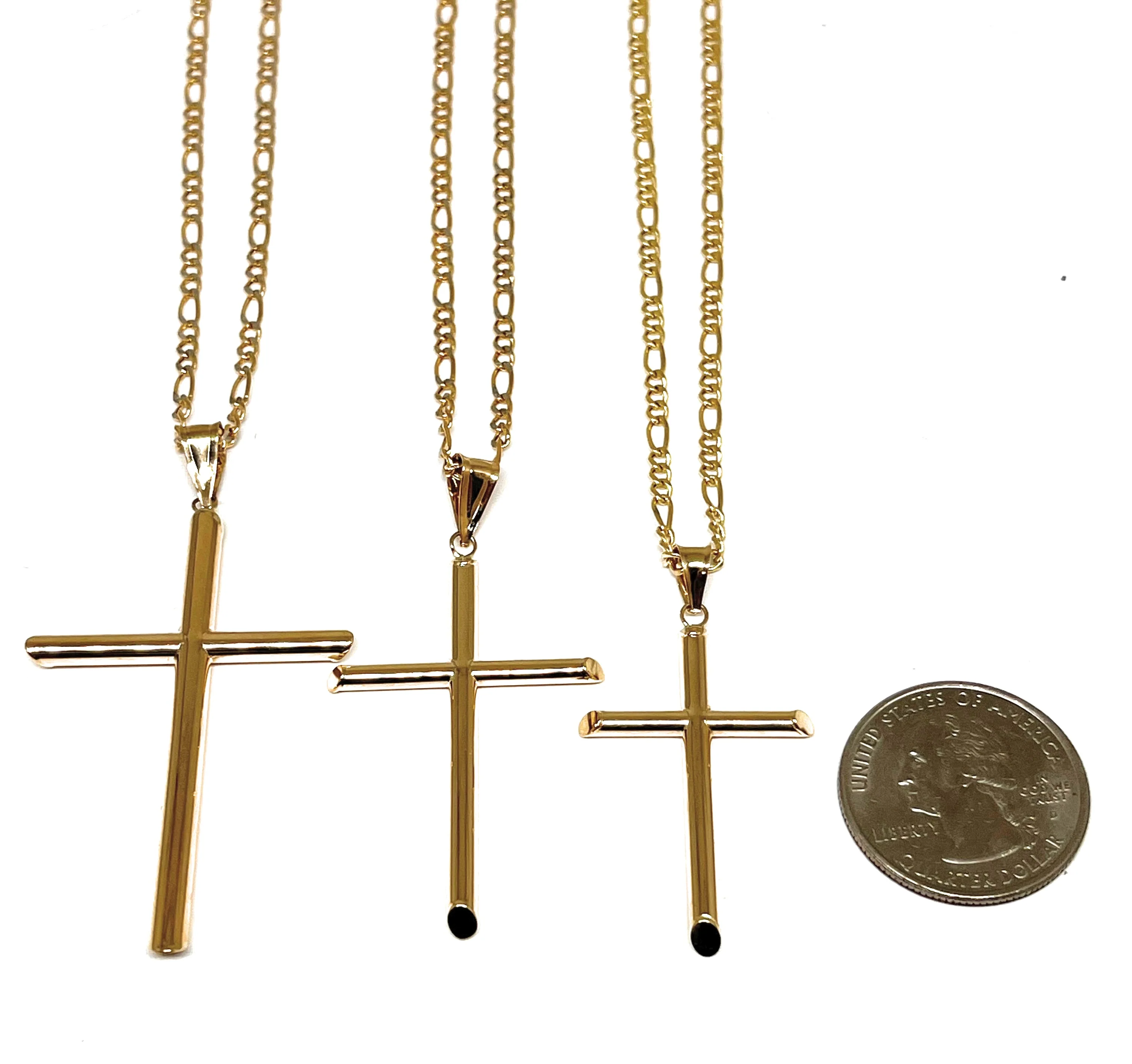 10k Solid Gold Yellow Classic Tube Cross Pendant Necklace (SM,MED,LG) (MADE IN MX) - Image 2