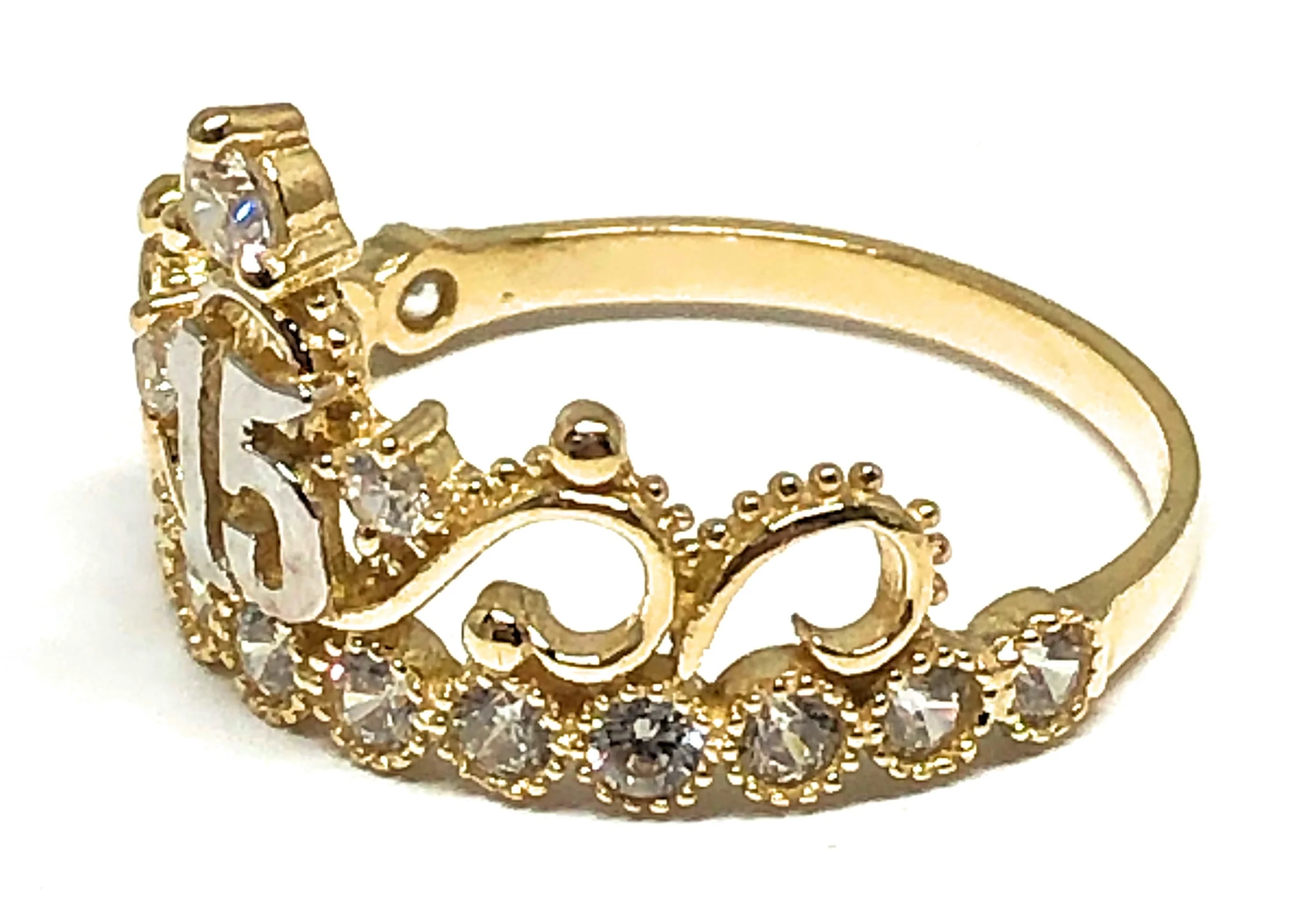 10k Solid Gold Yellow Crown CZ Mis 15 Años Ring - Image 2