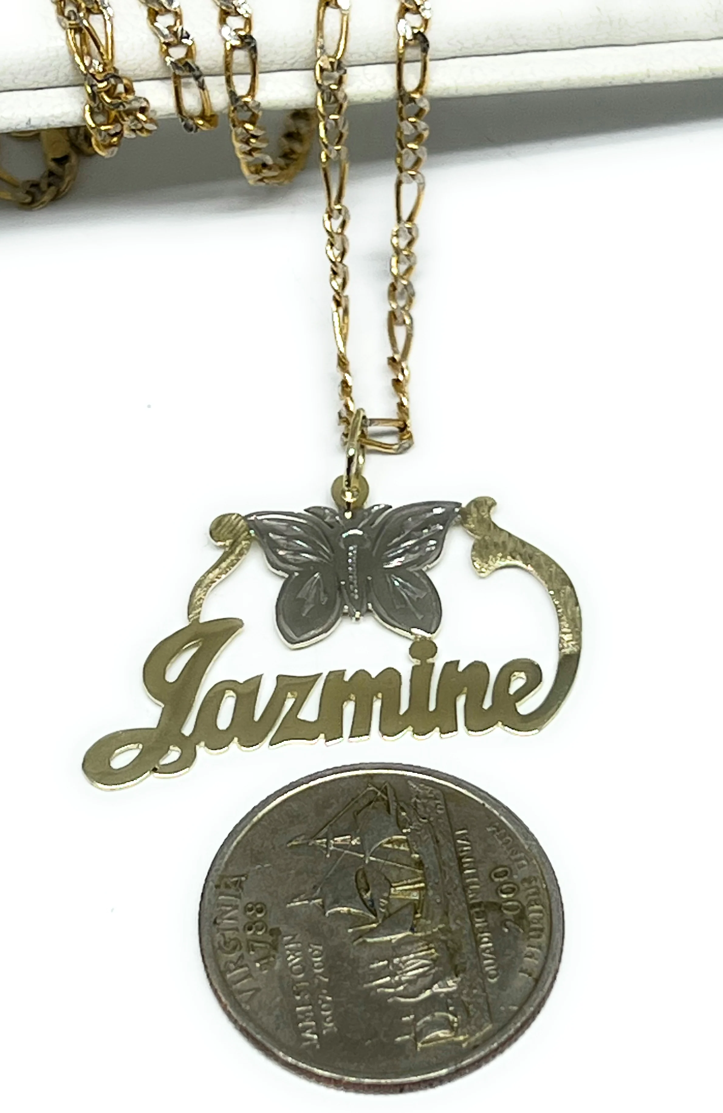 10k Solid Gold Custom Cursive Butterflies Nameplate Pendant Necklace with Chain Options - Image 2