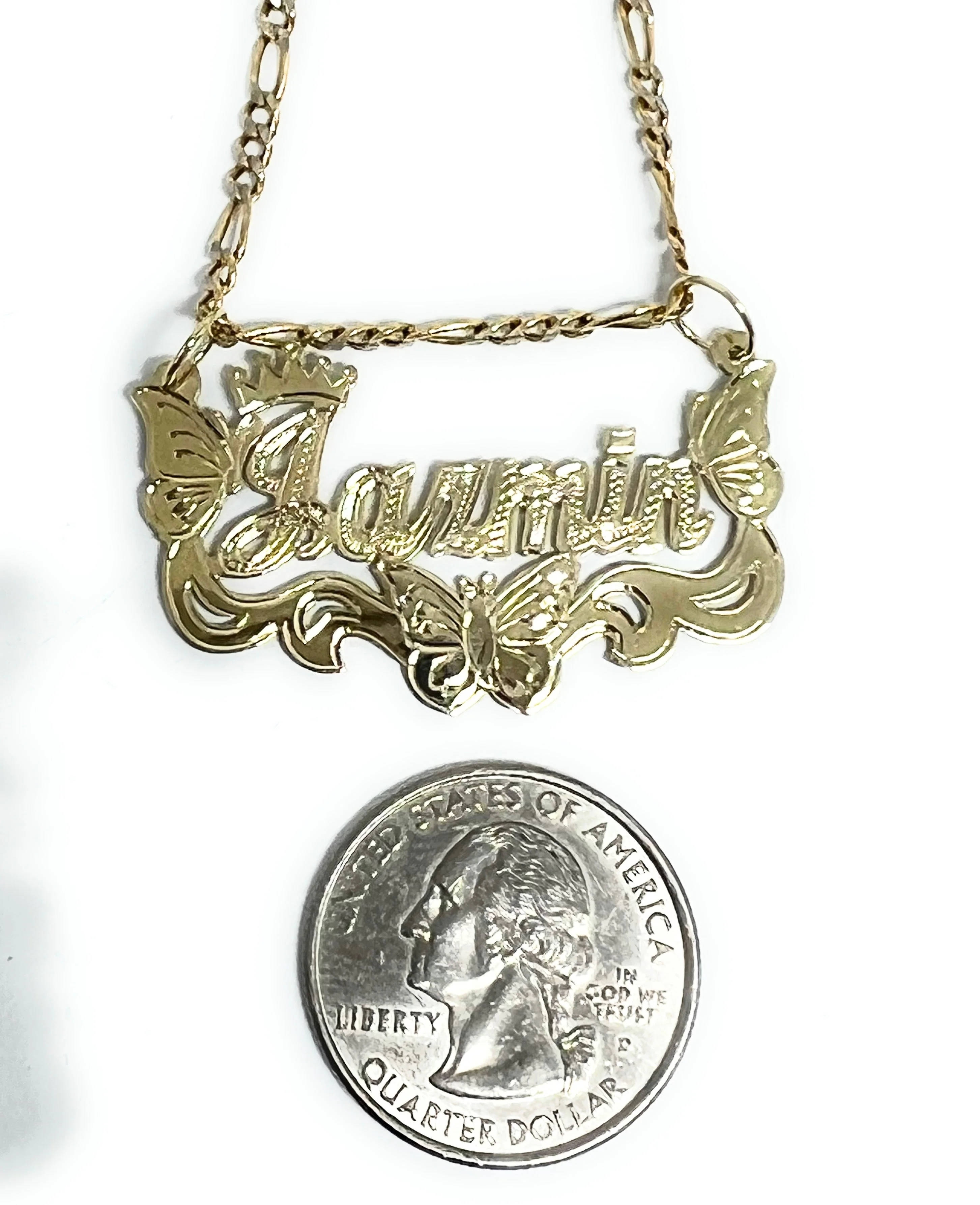 10k Solid Gold Yellow ENGRAVED Cursive BUTTERFLIES + CROWN Custom Nameplate Pendant Necklace - Image 2