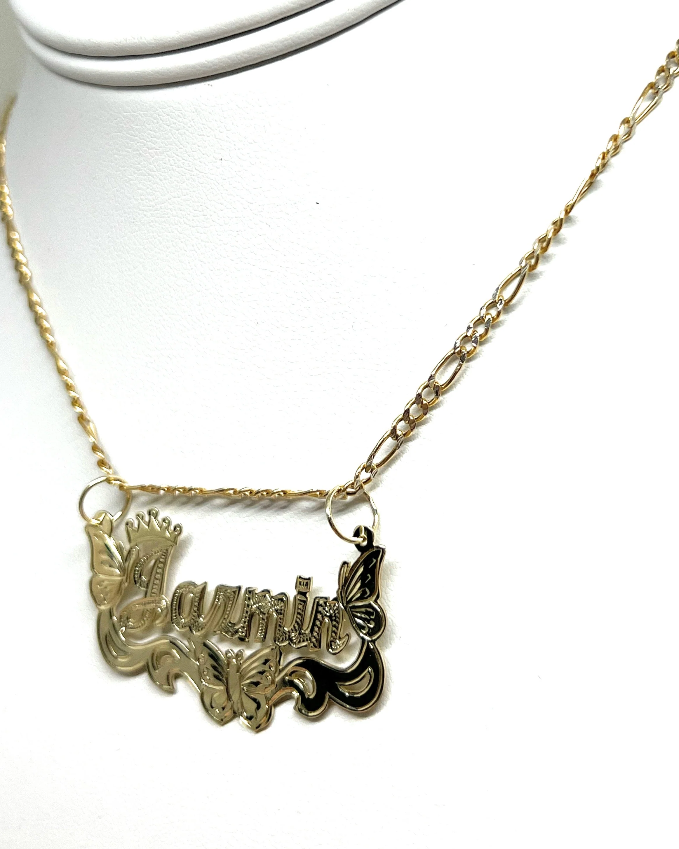 10k Solid Gold Yellow ENGRAVED Cursive BUTTERFLIES + CROWN Custom Nameplate Pendant Necklace - Image 8