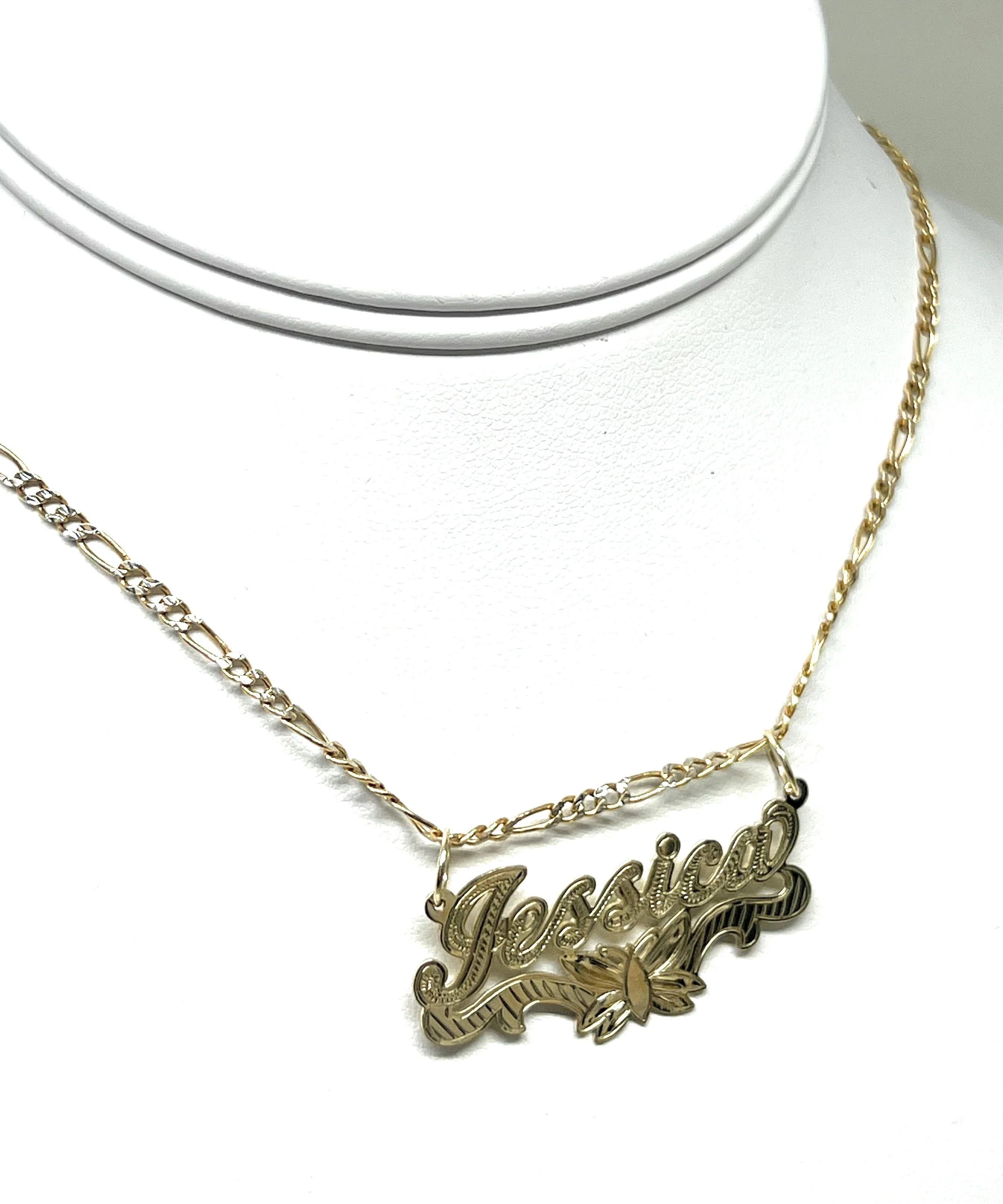 10k Solid Gold Yellow ENGRAVED Cursive Butterflies Custom Nameplate Pendant Necklace - Image 6