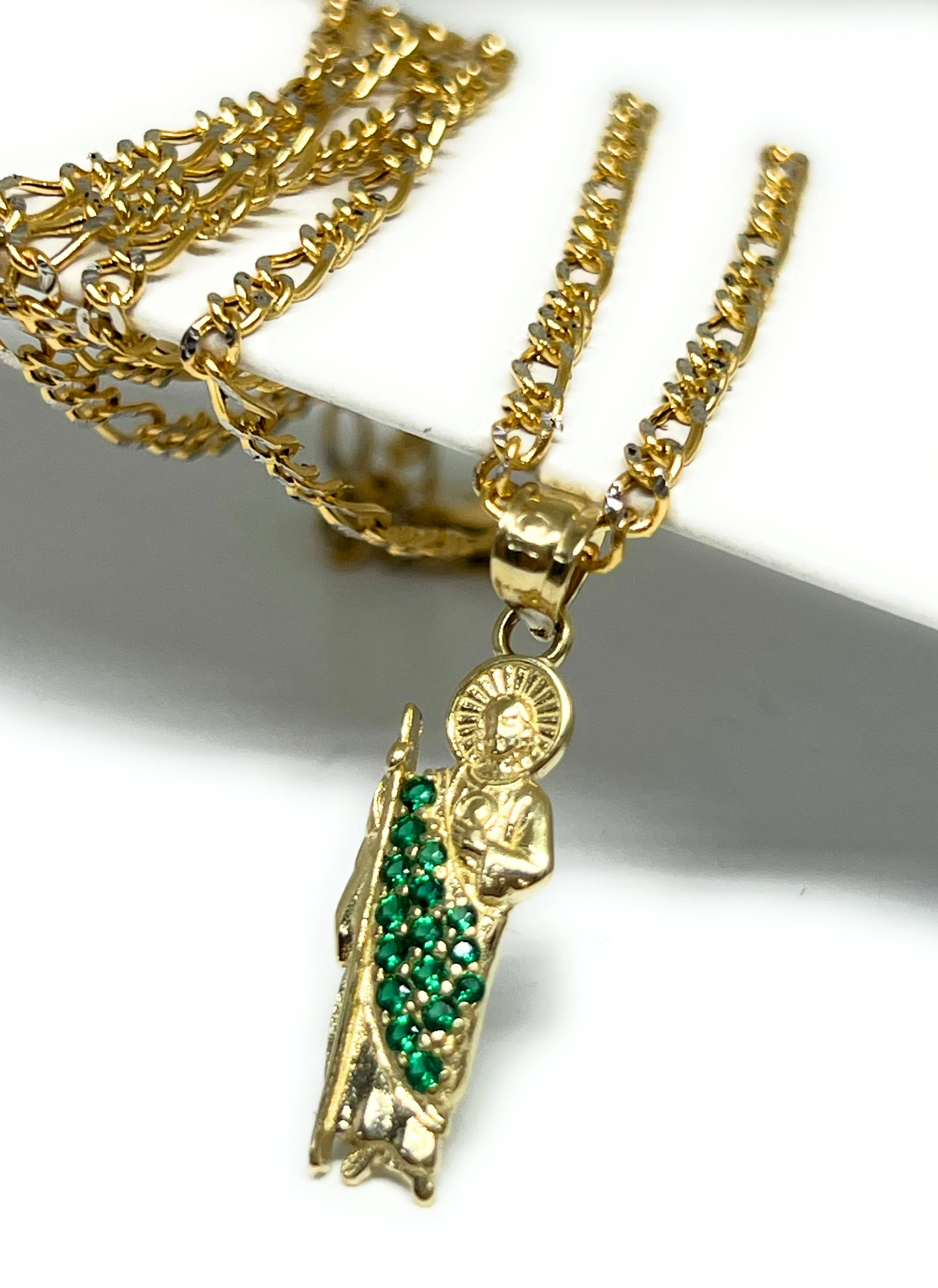 10k Solid Gold Yellow EXTRA SMALL CZ Saan Judas Saaint Jude Pendant Figaro Chain (XS) - Image 4