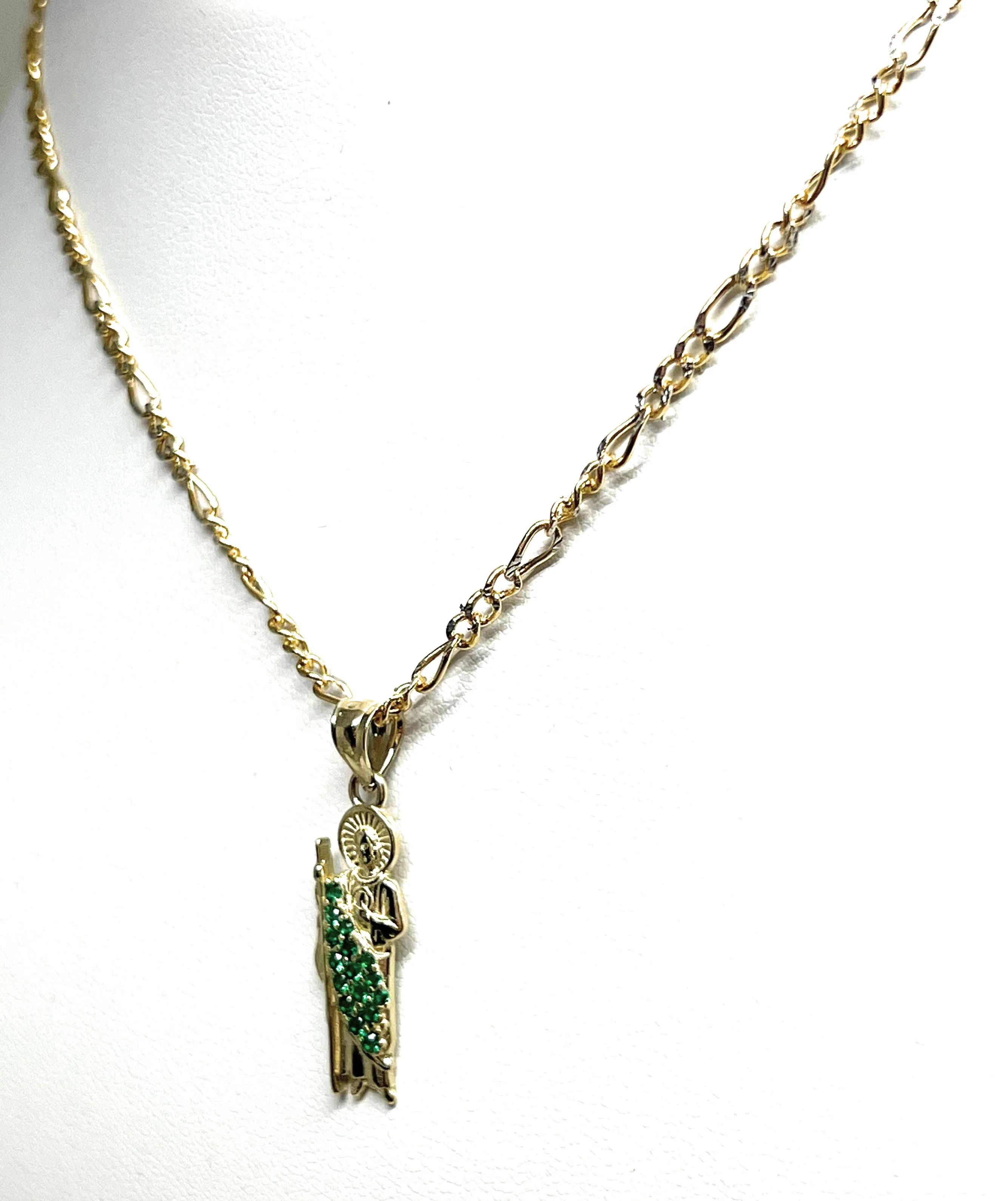 10k Solid Gold Yellow EXTRA SMALL CZ Saan Judas Saaint Jude Pendant Figaro Chain (XS) - Image 7