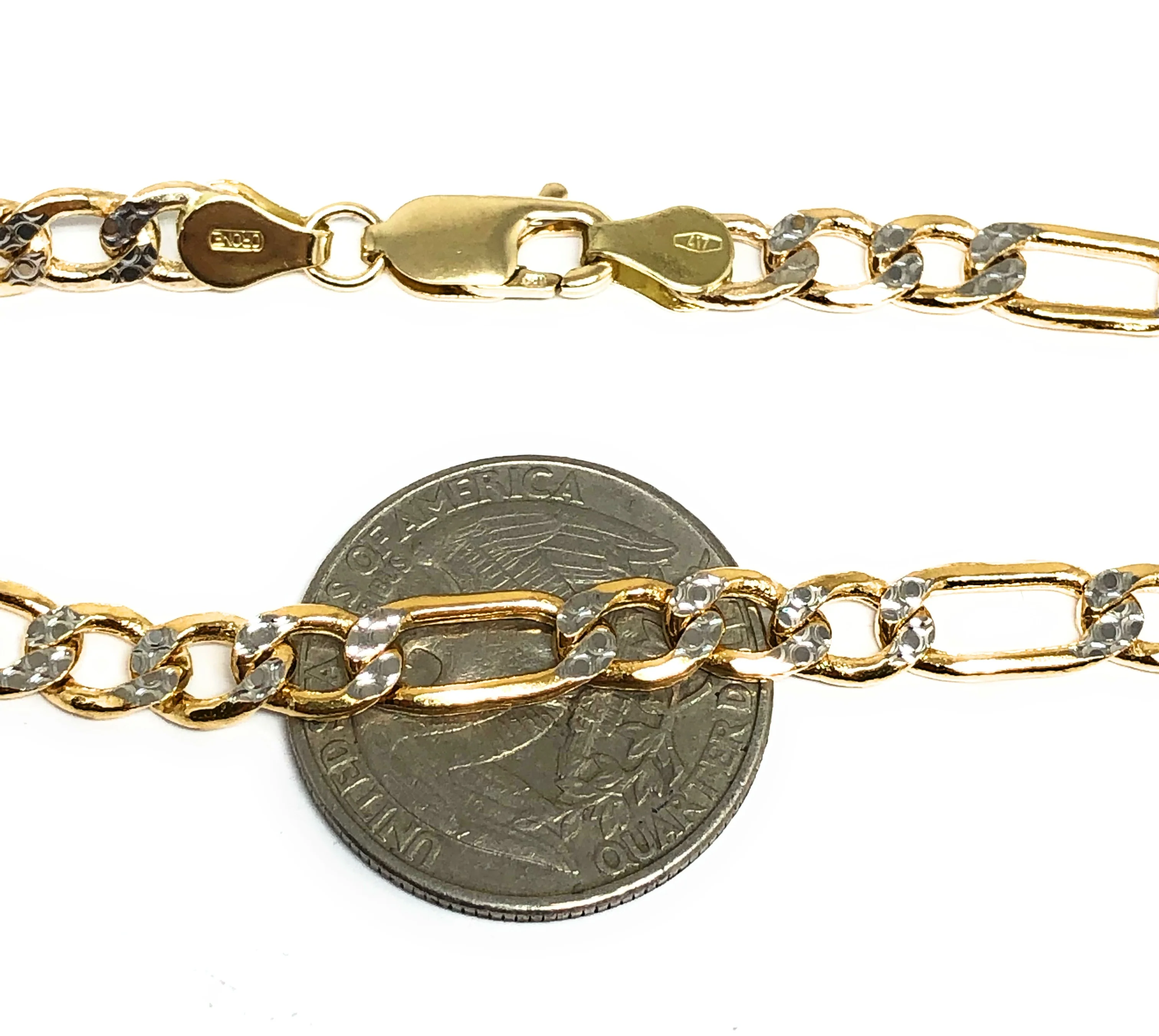 10k Solid Gold Yellow FIGARO Diamond Cut (White Gold) Brracelet 7-8 inch 6mm Width - Image 2