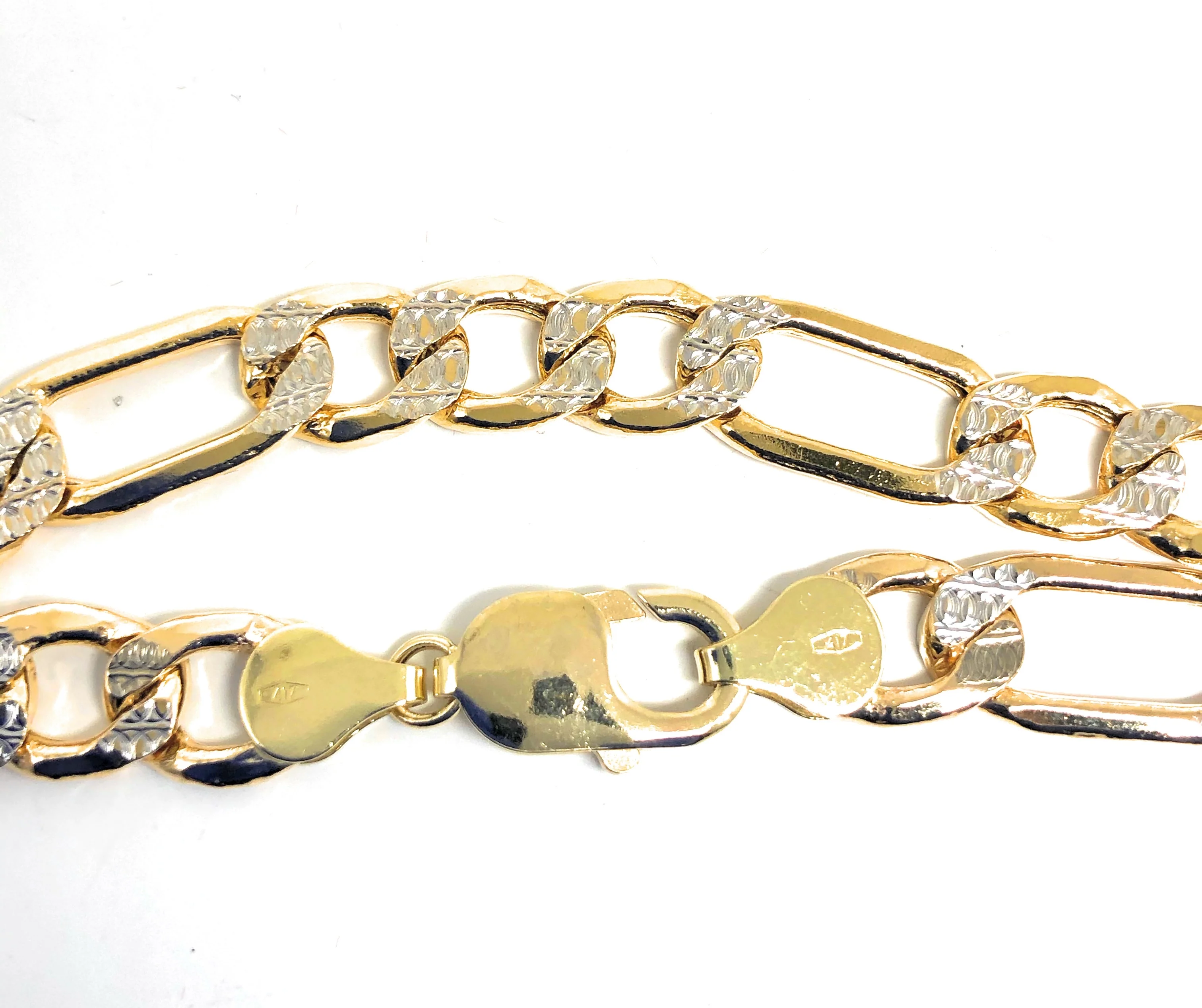 10k Solid Gold Yellow Figaro Diamond Cut (White Gold) Brracelet 8-9 inch 9mm Width (SEMI-HOLLOW STYLE) - Image 2