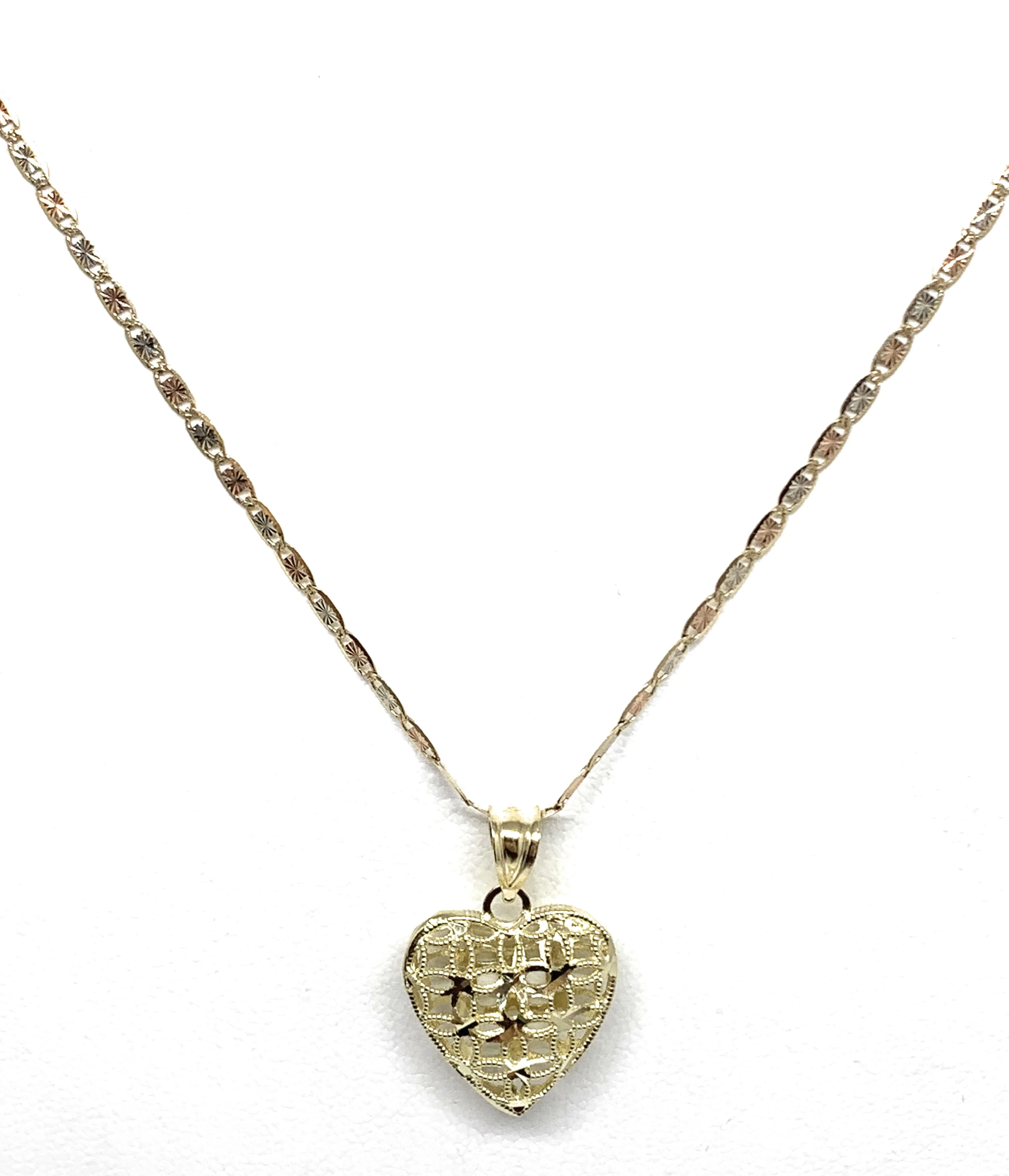 10k Solid Gold Yellow Filigran Hollow Heart Pendant Necklace Valentina Chain - Image 3