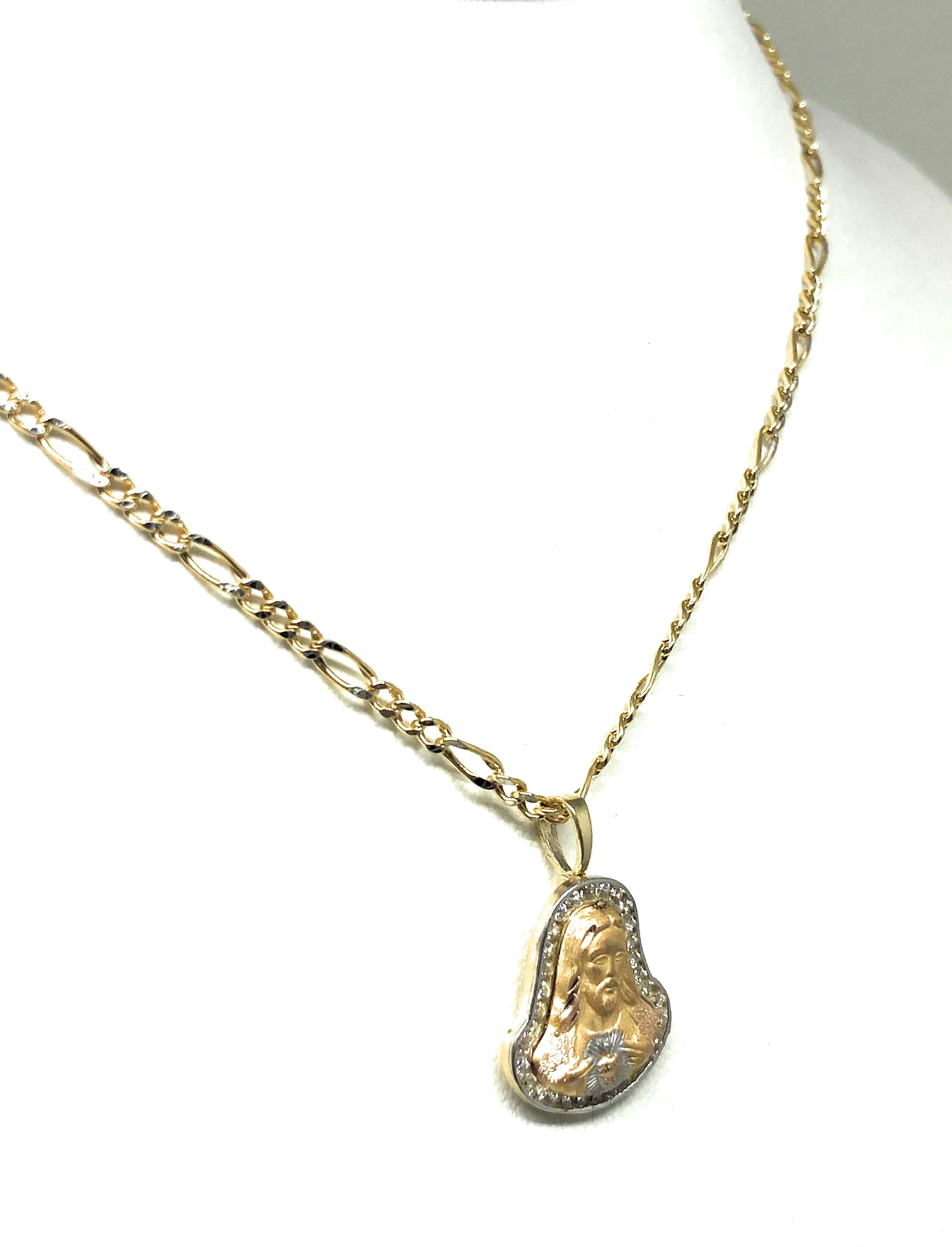 10k Solid Gold Yellow Gold Jesus Sagrado Corazon CZ Pendant Necklace Figaro Chain - Image 6