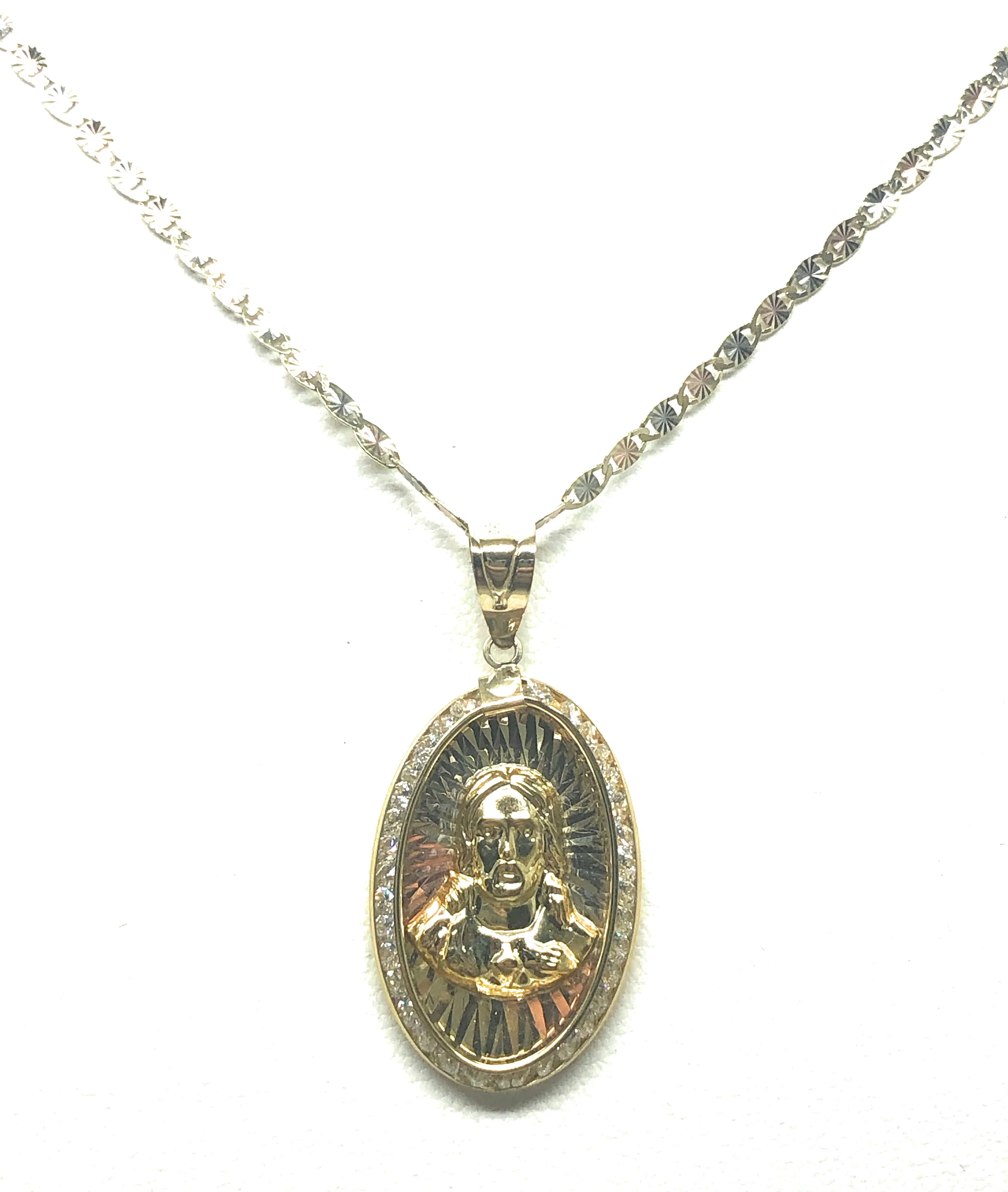 10k Solid Gold Yellow Gold Jesus Sagrado Corazon CZ Pendant Necklace Valentina Chain - Image 4