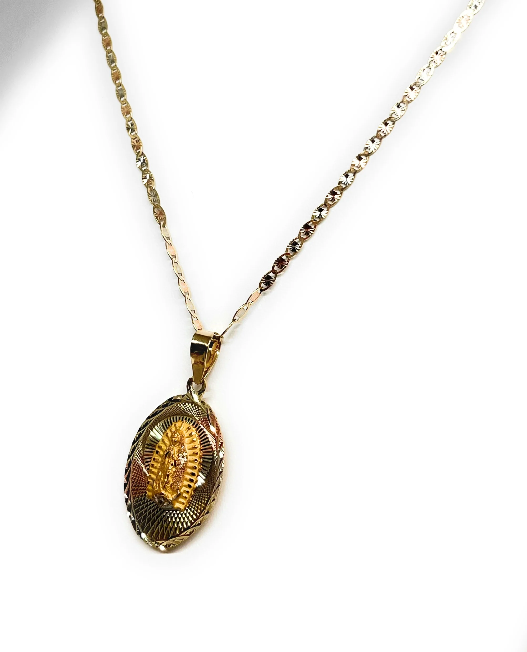 10k Solid Gold Tri-Color Jesus Sagrado Corazon & Virrgin Mary Double Sided Pendant Necklace (MADE IN MX) (SM, MED) - Image 5