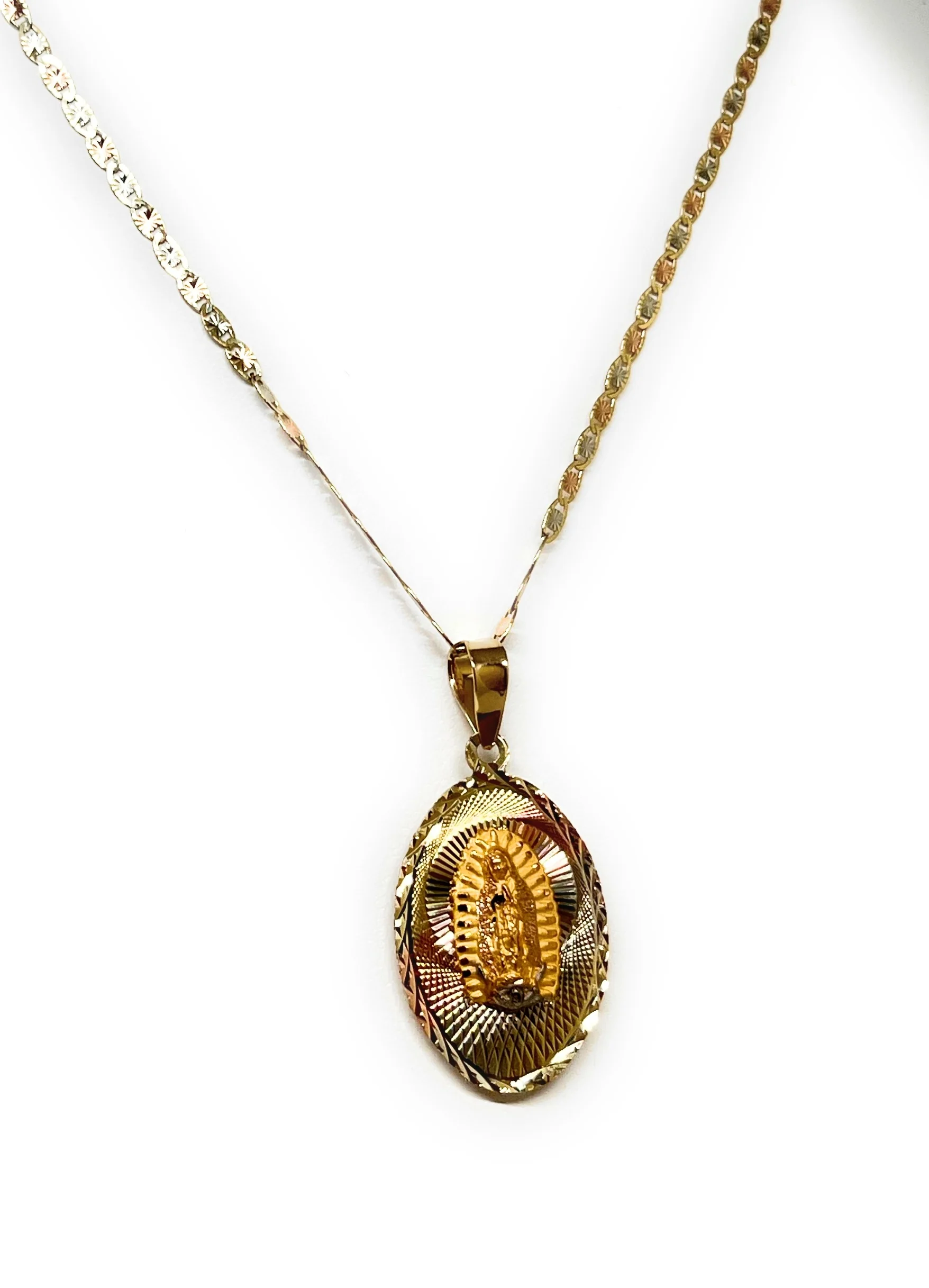 10k Solid Gold Tri-Color Jesus Sagrado Corazon & Virrgin Mary Double Sided Pendant Necklace (MADE IN MX) (SM, MED) - Image 6