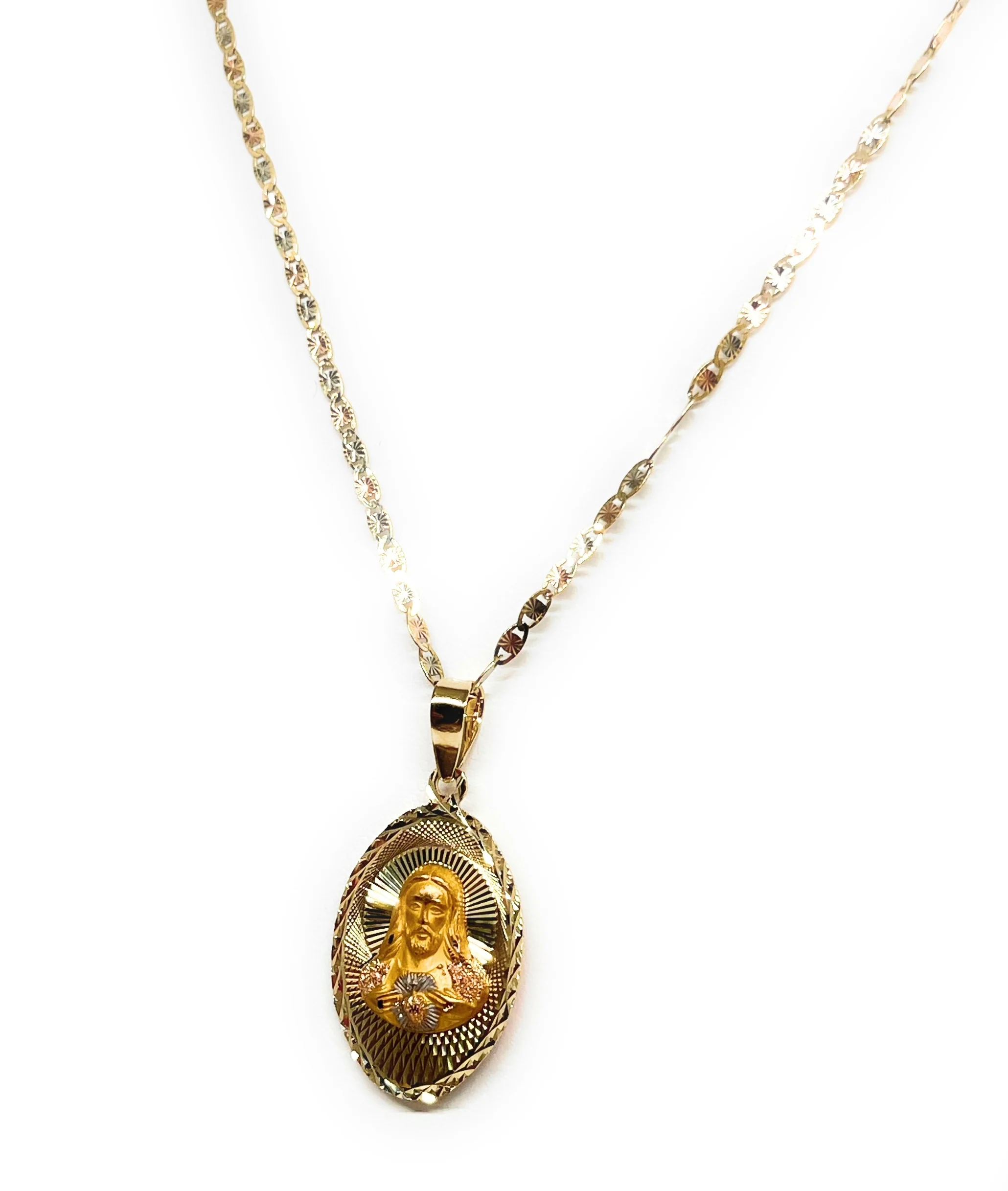10k Solid Gold Tri-Color Jesus Sagrado Corazon & Virrgin Mary Double Sided Pendant Necklace (MADE IN MX) (SM, MED) - Image 7