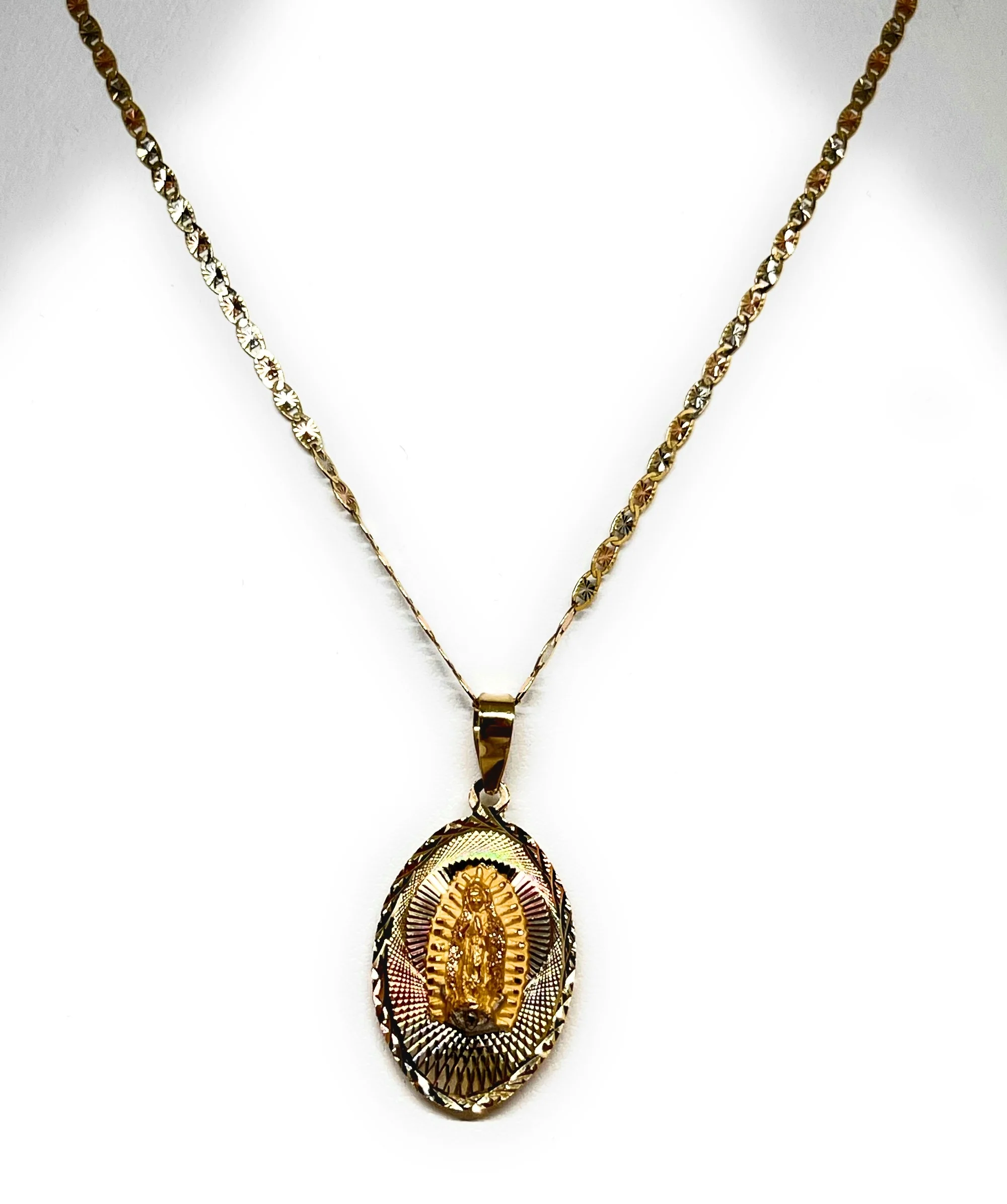 10k Solid Gold Tri-Color Jesus Sagrado Corazon & Virrgin Mary Double Sided Pendant Necklace (MADE IN MX) (SM, MED) - Image 8
