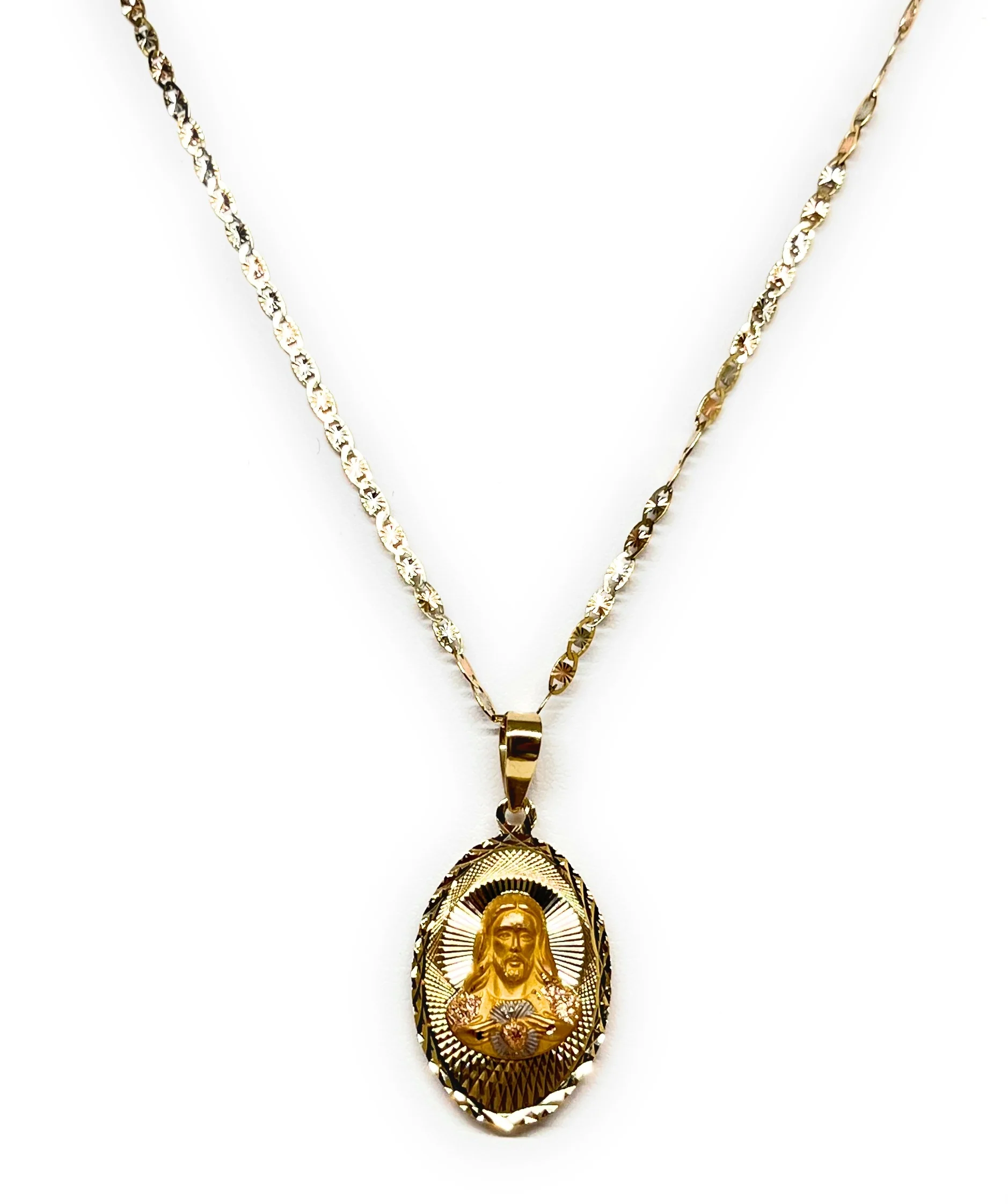 10k Solid Gold Tri-Color Jesus Sagrado Corazon & Virrgin Mary Double Sided Pendant Necklace (MADE IN MX) (SM, MED) - Image 9