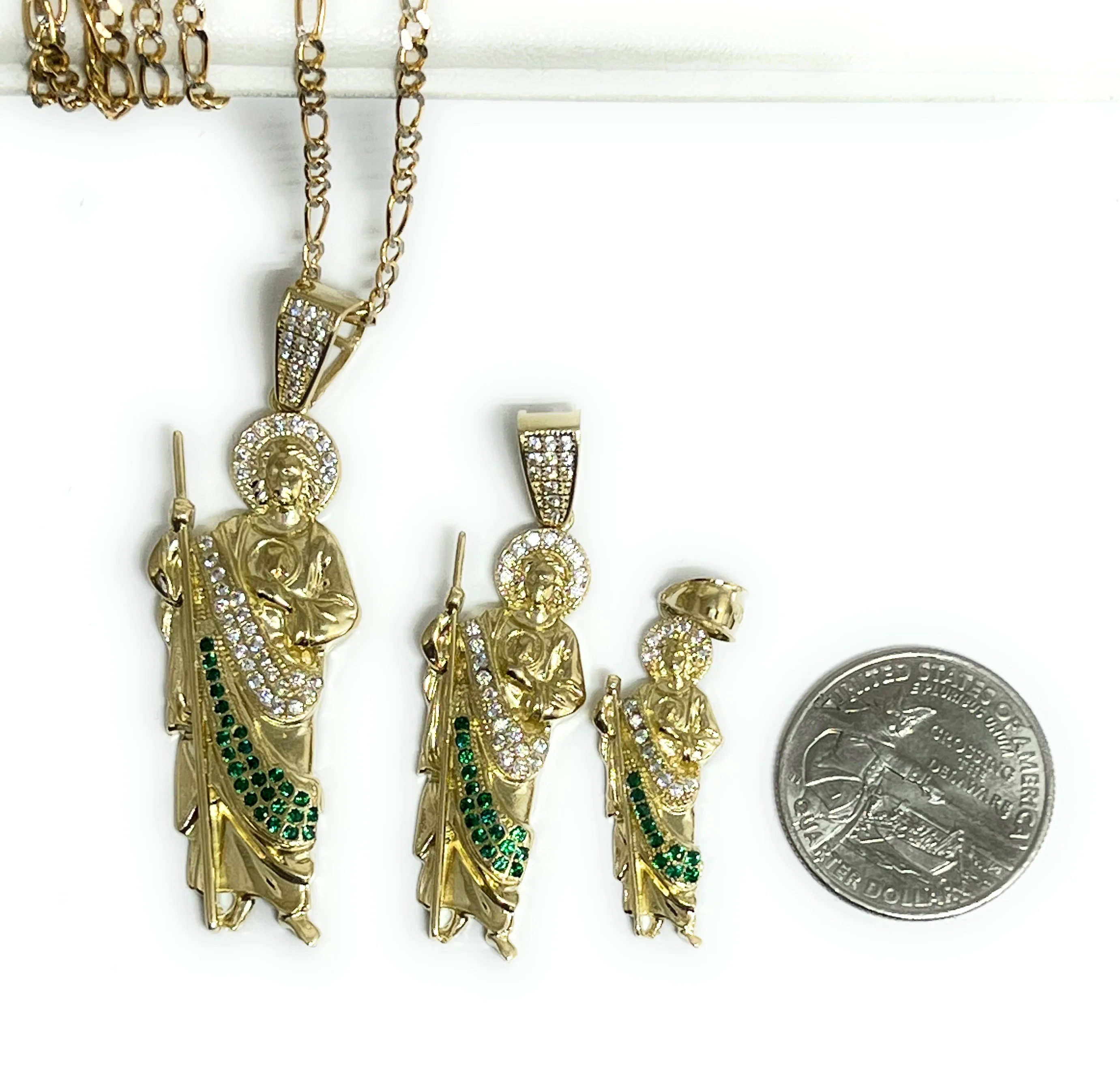10k Solid Gold Yellow Green, White CZ Saan Judas Saaint Jude Pendant Figaro Chain (LG,MED,SM) - Image 2