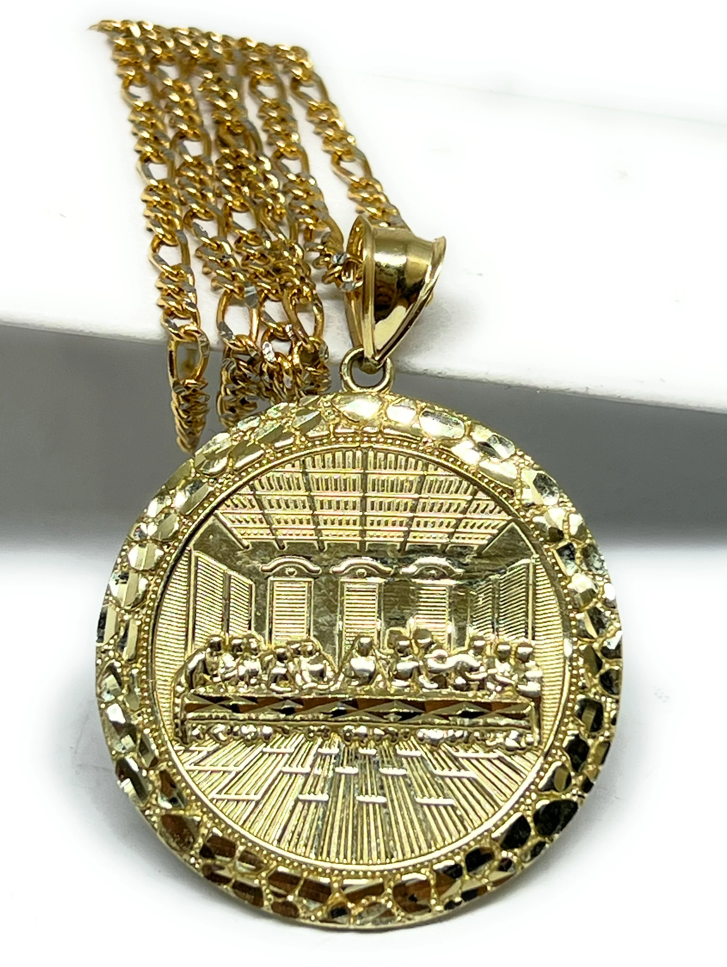 10k Solid Gold Yellow Jesus Last Supper NUGGET BORDER Pendant Necklace (MED, LG, XL)