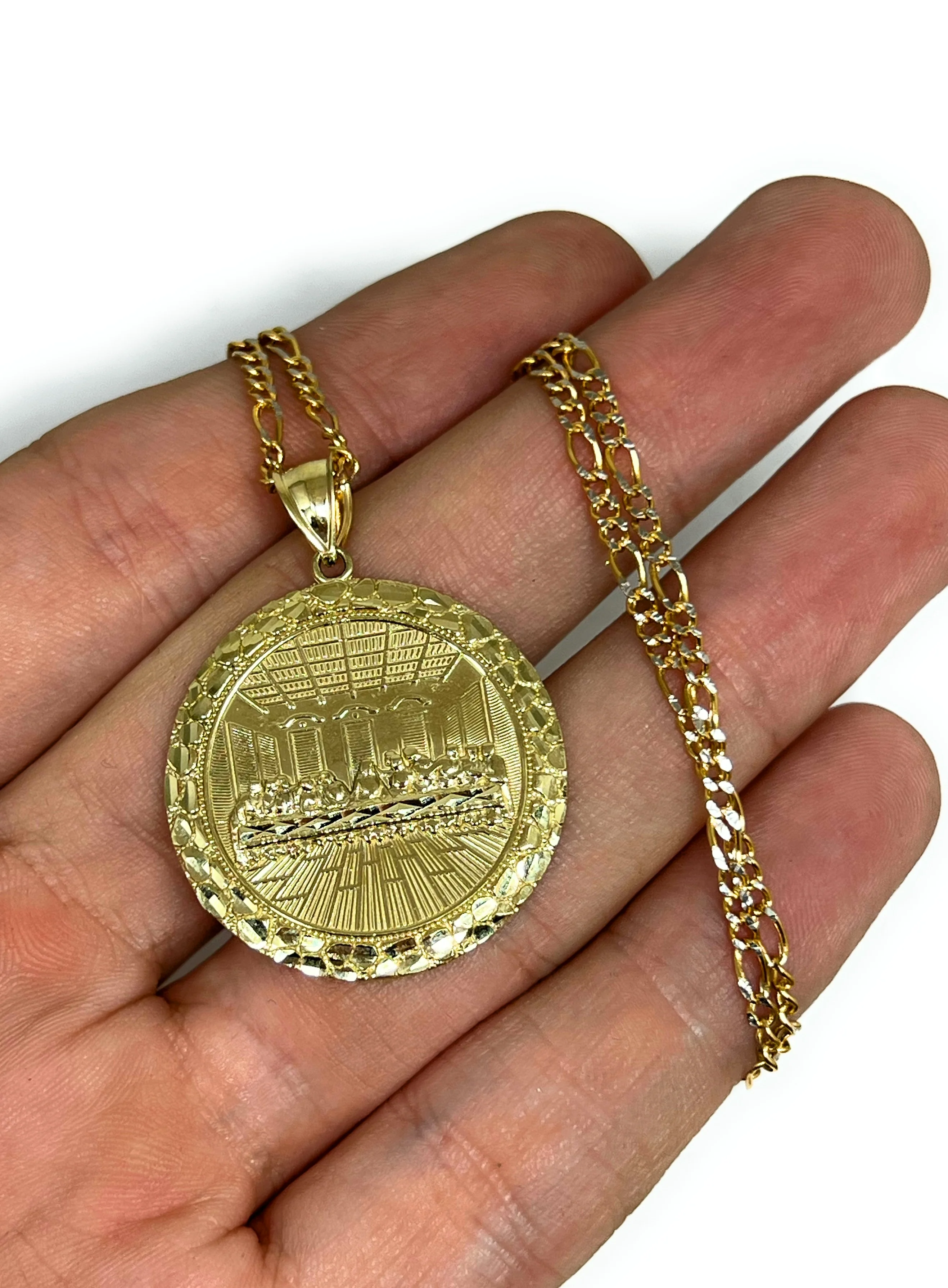 10k Solid Gold Yellow Jesus Last Supper NUGGET BORDER Pendant Necklace (MED, LG, XL) - Image 2