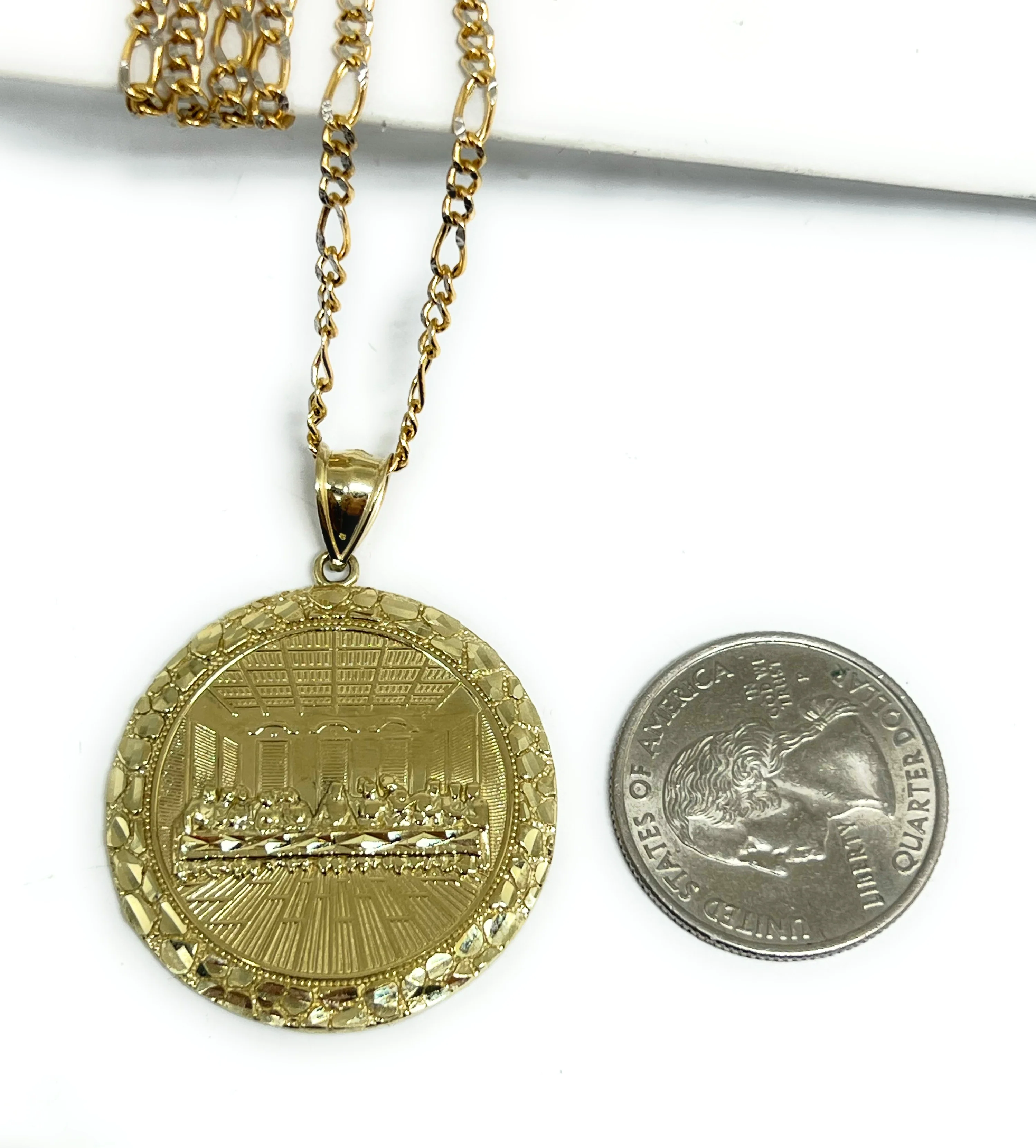 10k Solid Gold Yellow Jesus Last Supper NUGGET BORDER Pendant Necklace (MED, LG, XL) - Image 3