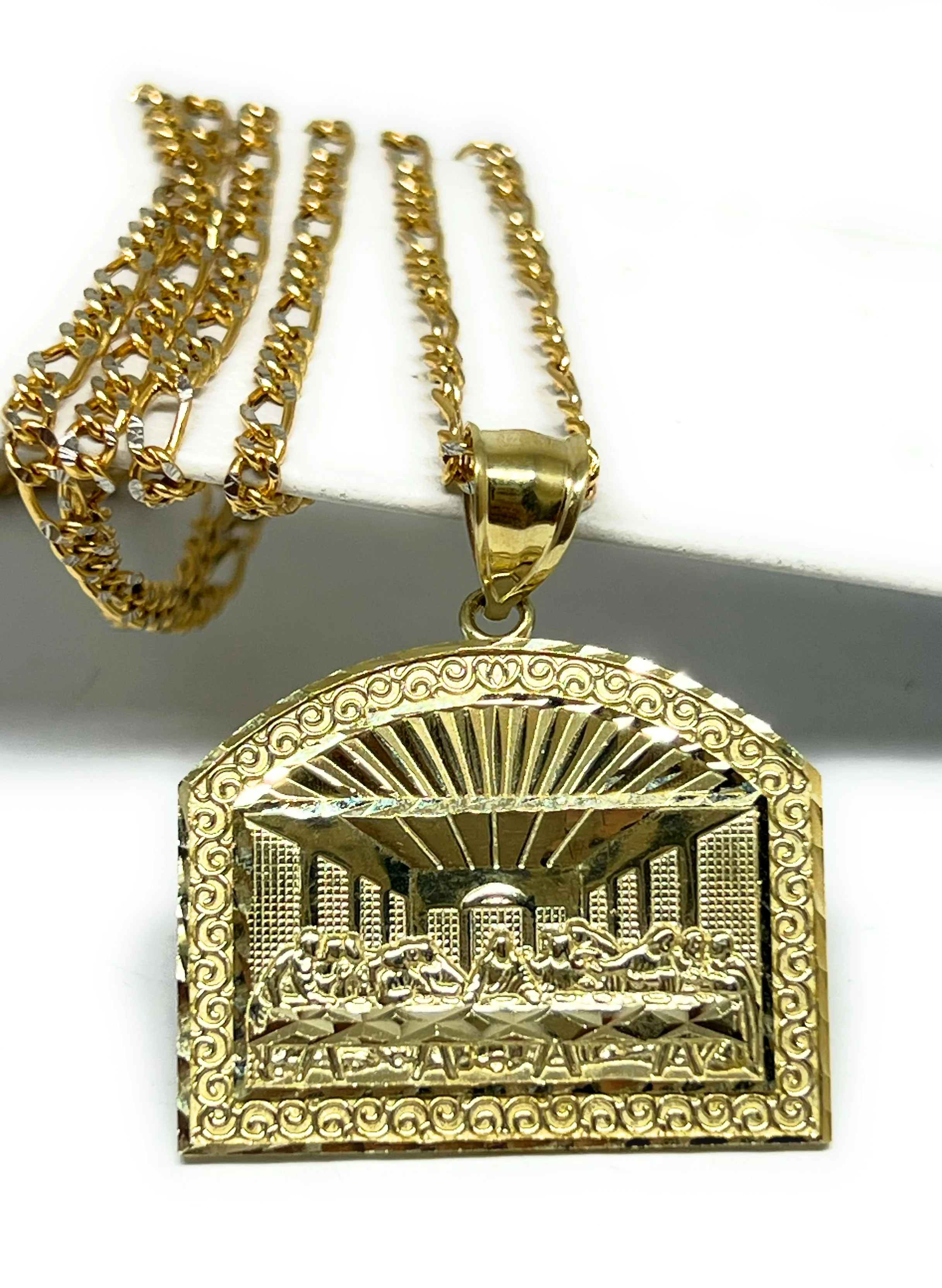 10k Solid Gold Yellow Jesus Last Supper Rectangle Pendant Necklace (MED, SM)