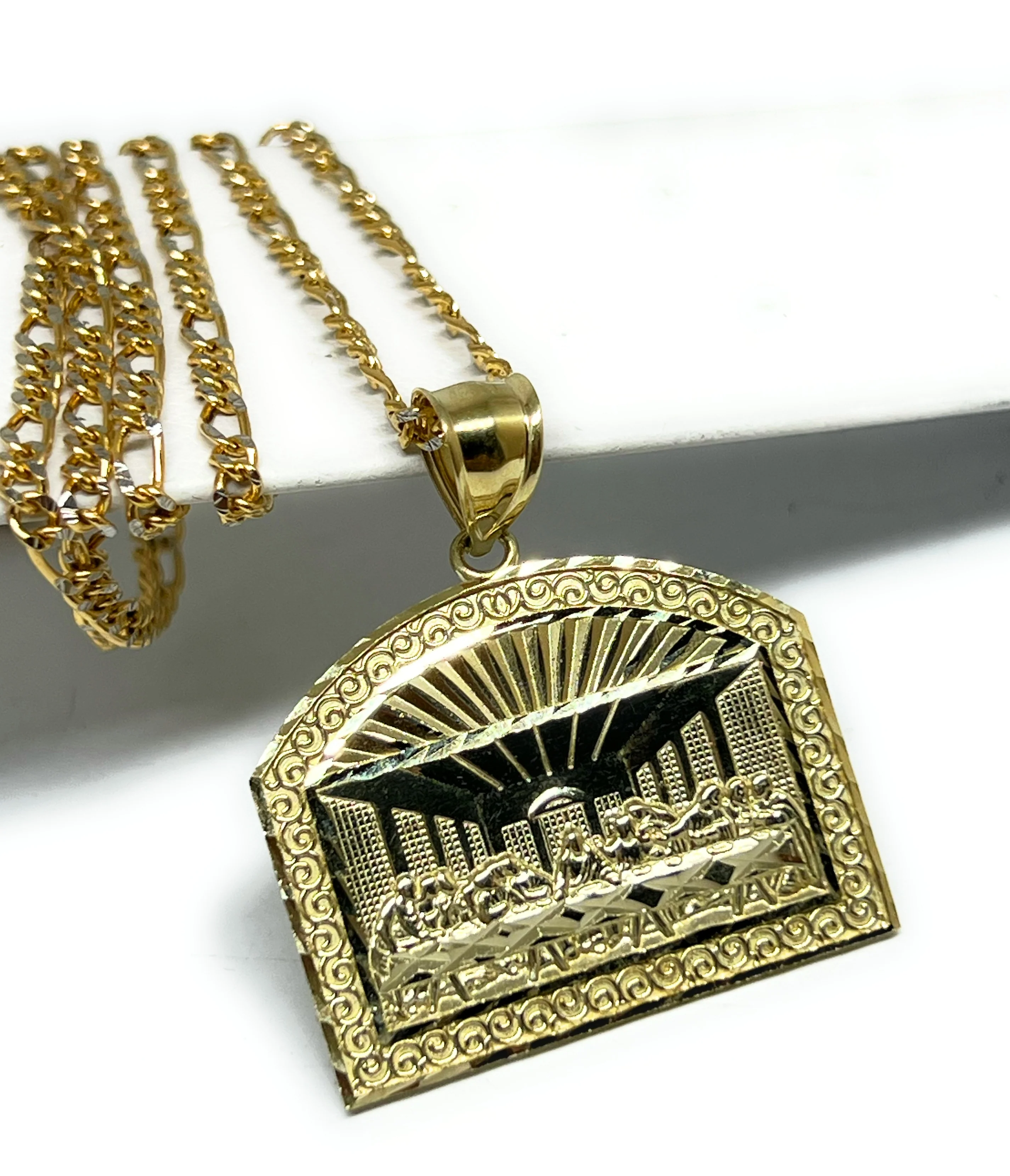10k Solid Gold Yellow Jesus Last Supper Rectangle Pendant Necklace (MED, SM) - Image 4