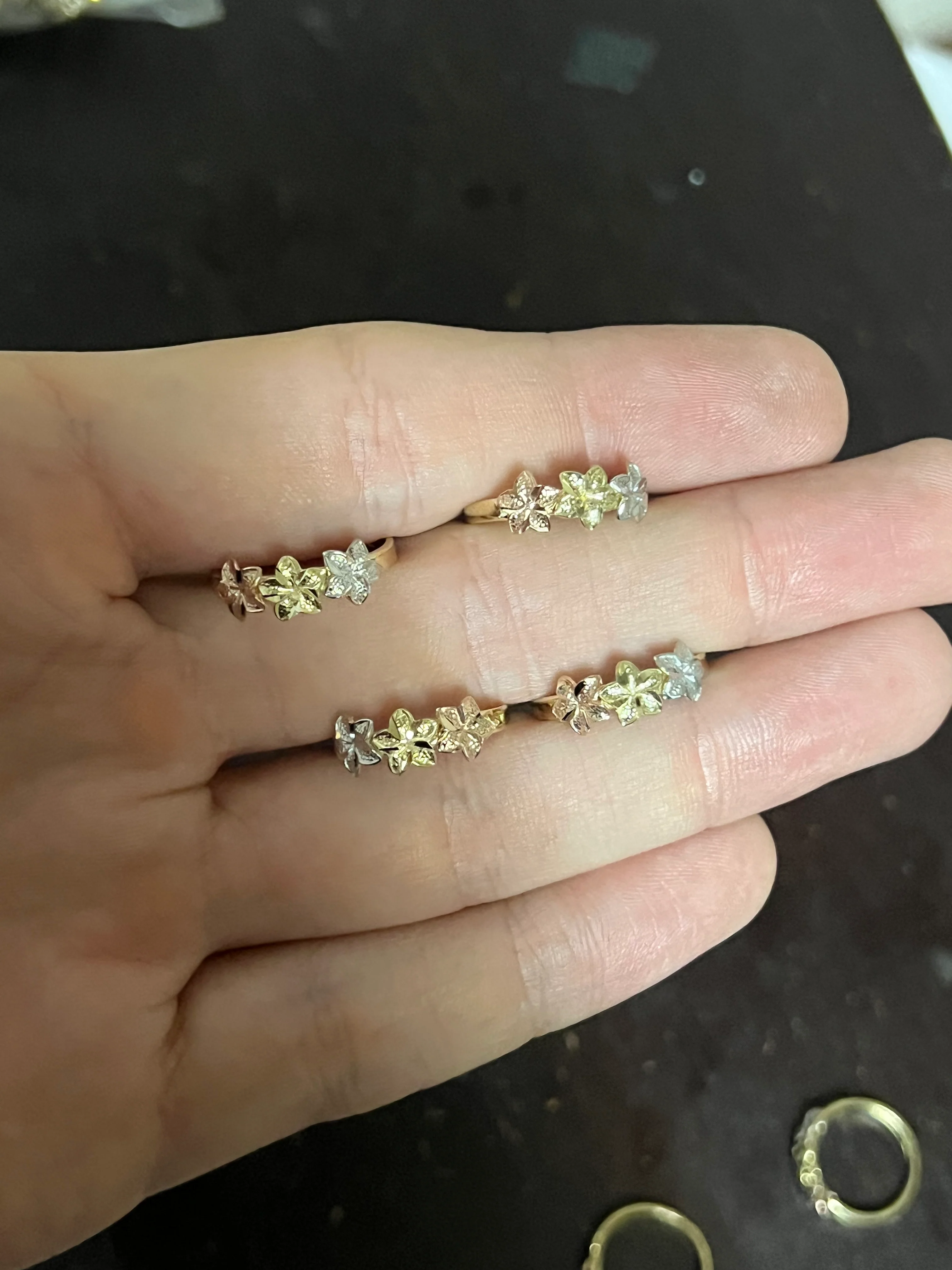 10k Solid Gold Yellow MINI Three PLUMERIA Flower Ring - Image 6