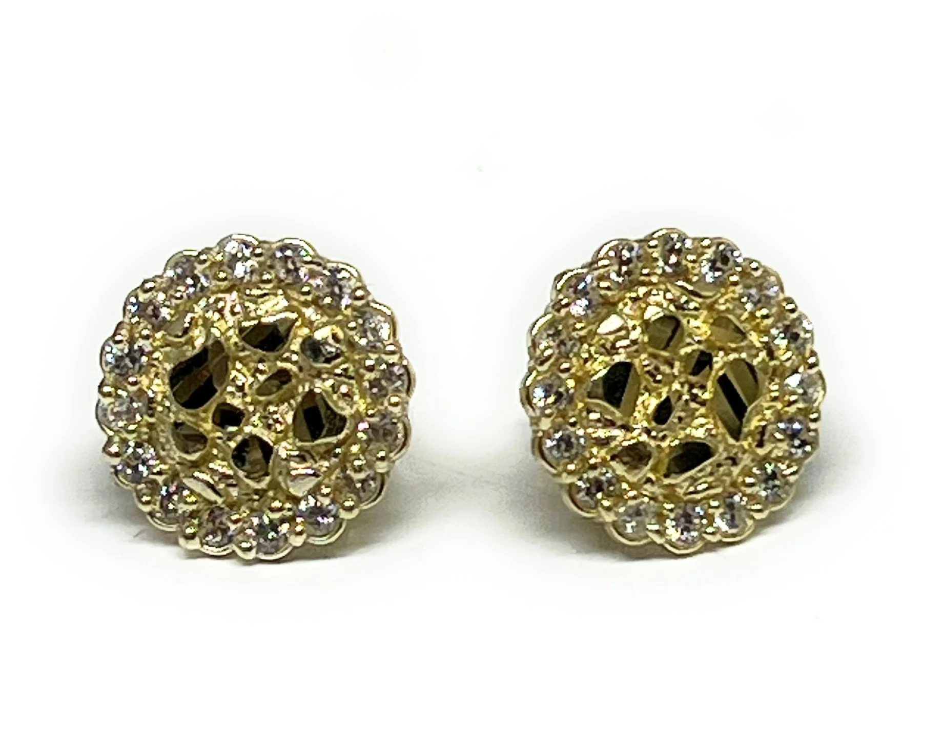 10k Solid Gold Yellow Nugget Cluster CZ Stud Earrings 12mm