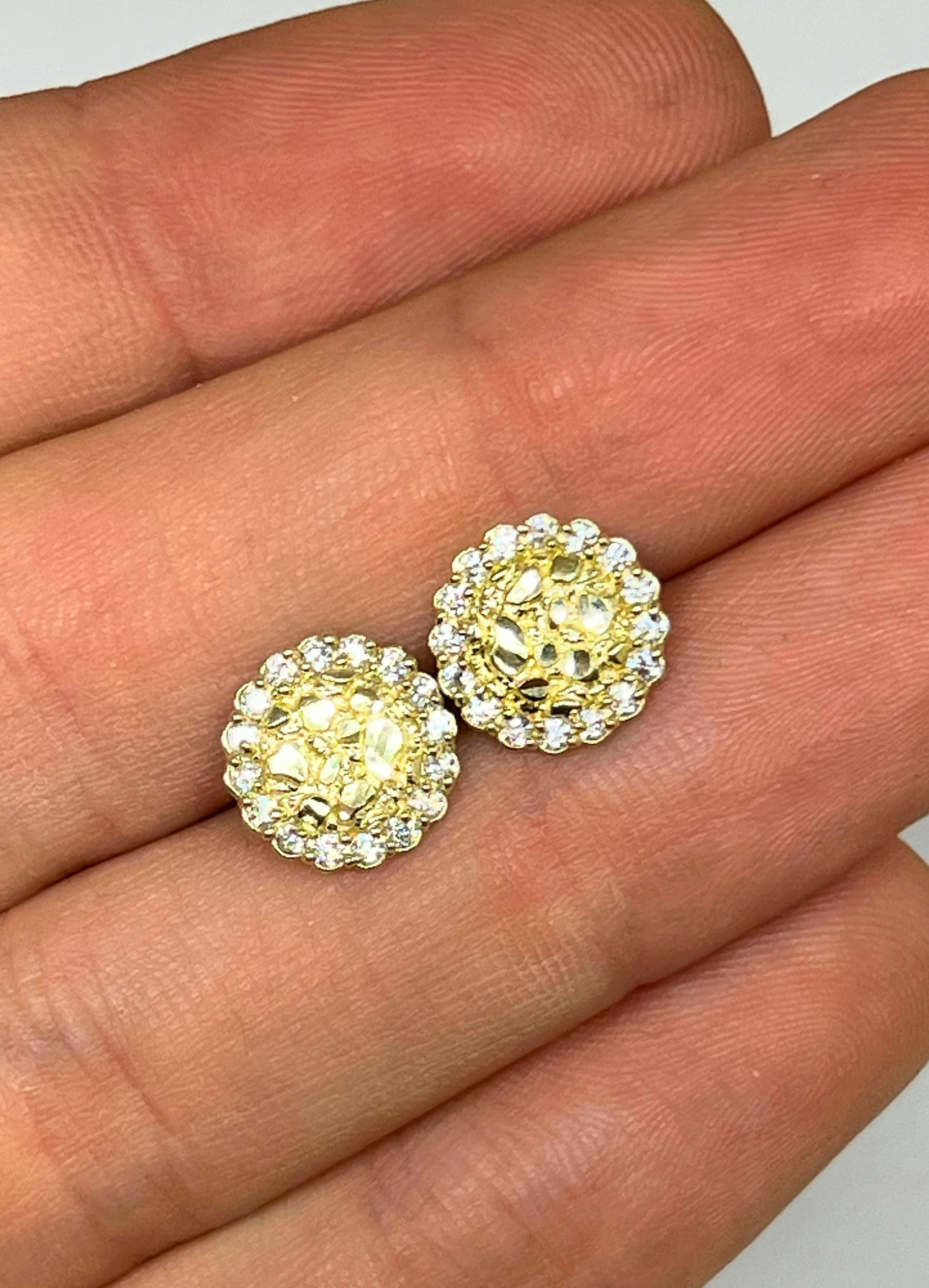 10k Solid Gold Yellow Nugget Cluster CZ Stud Earrings 12mm - Image 2
