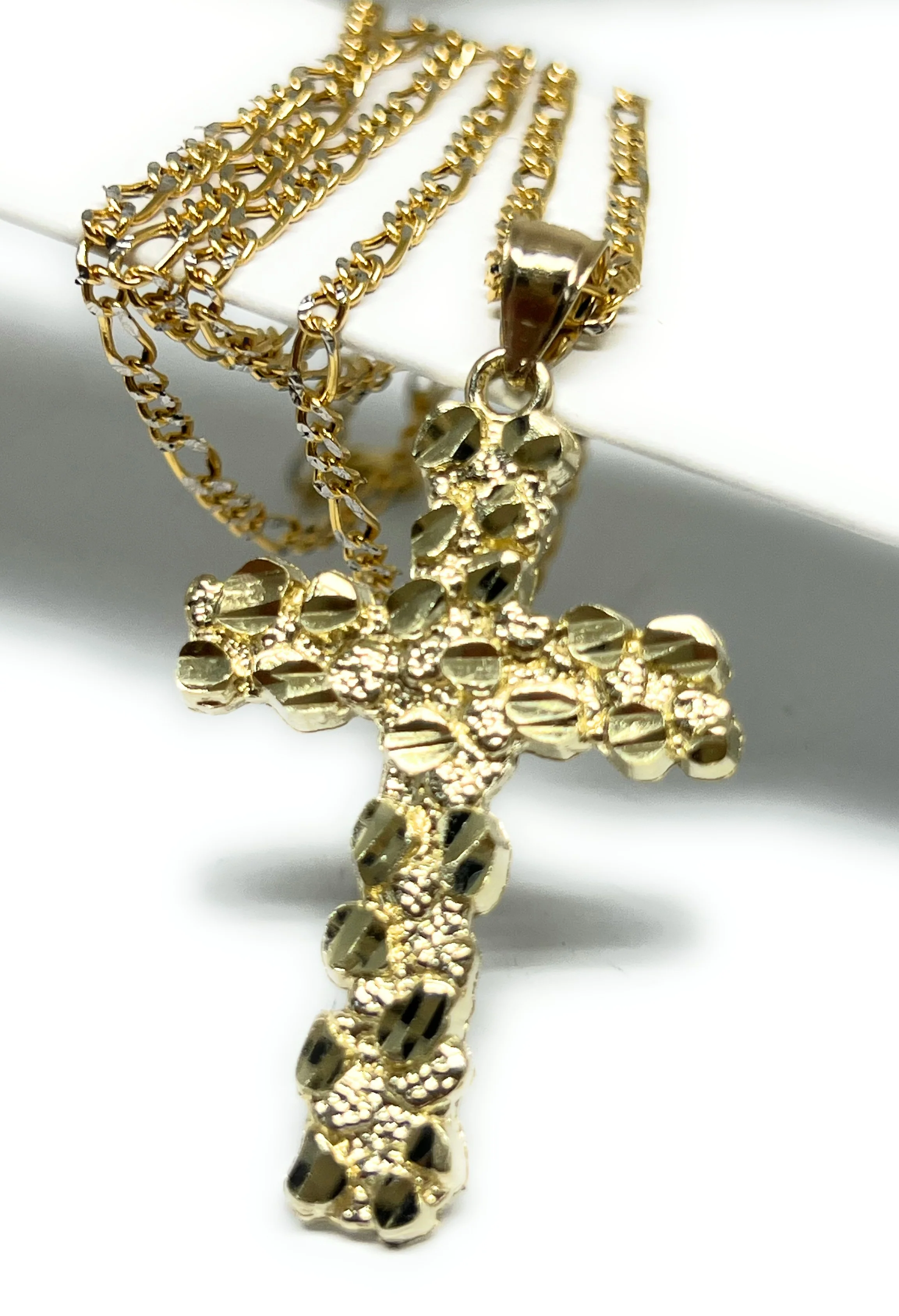 10k Solid Gold Yellow Nugget CROSS Pendant Necklace Figaro Chain (LG, MED, SM) - Image 3