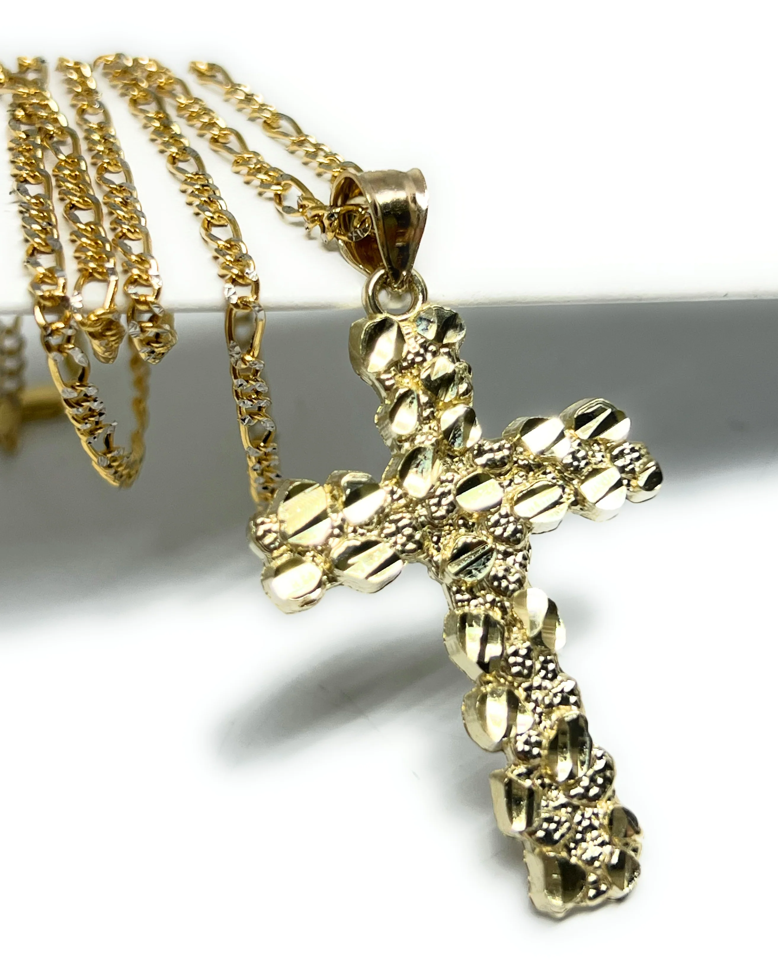 10k Solid Gold Yellow Nugget CROSS Pendant Necklace Figaro Chain (LG, MED, SM) - Image 4