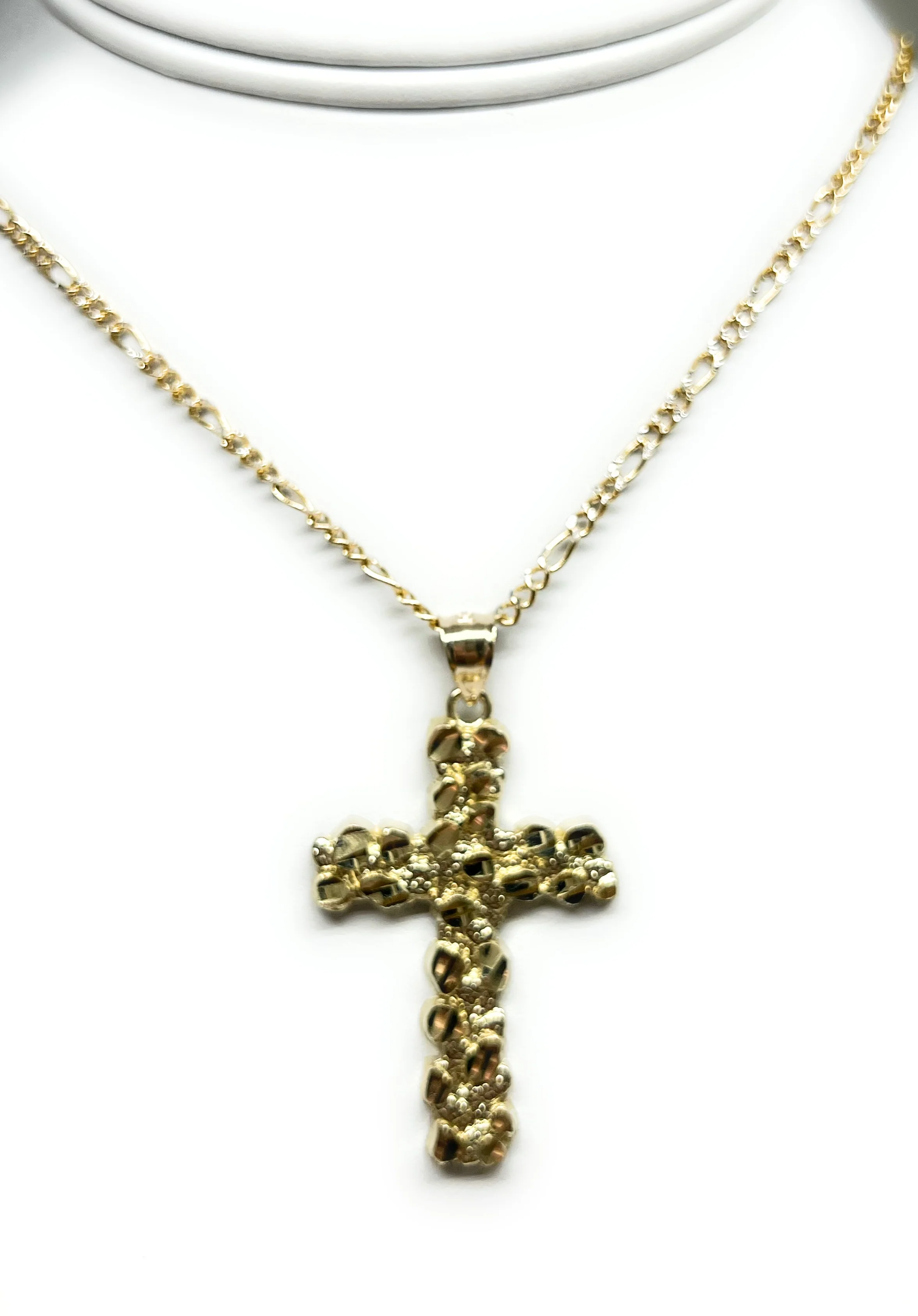 10k Solid Gold Yellow Nugget CROSS Pendant Necklace Figaro Chain (LG, MED, SM) - Image 6